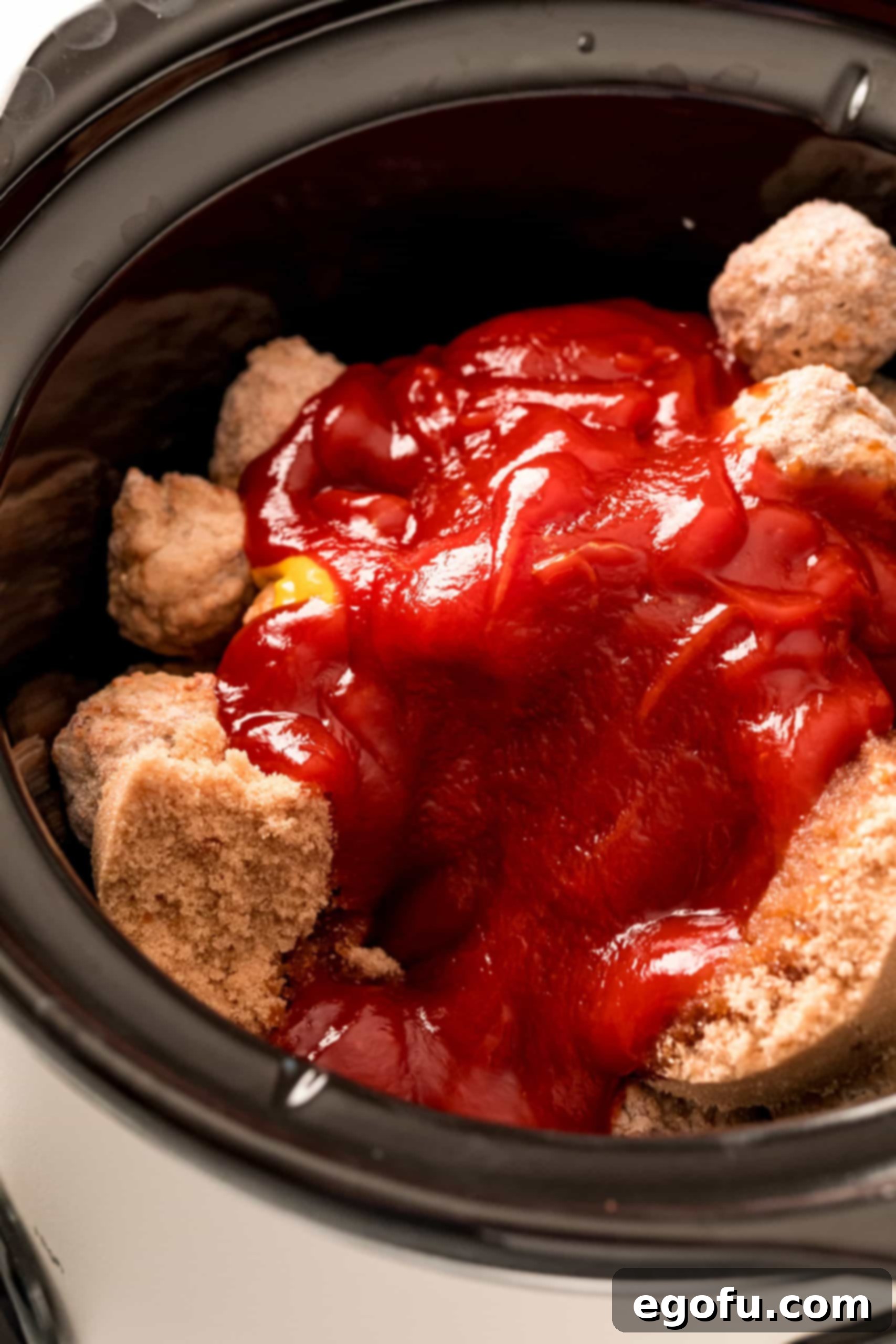 Slow Cooker Meatloaf Bites 5 All ingredients mixed together in the Crock Pot, ready for slow cooking.