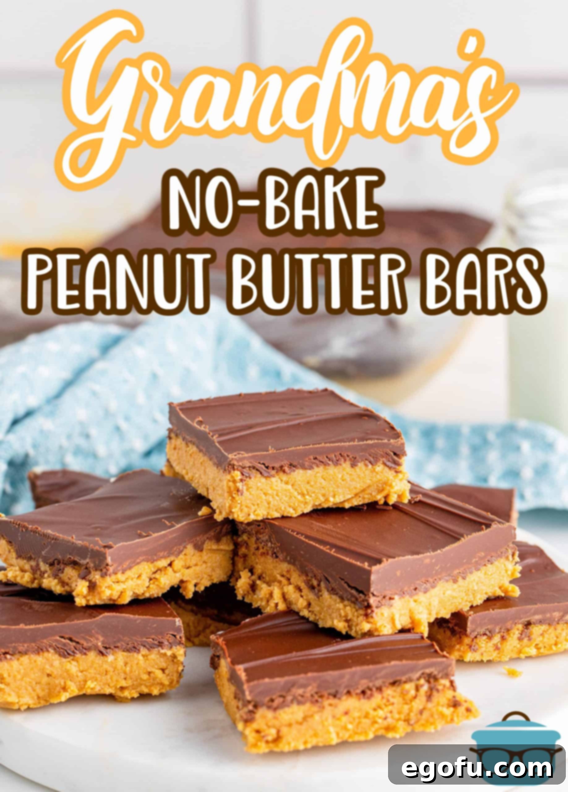 Grandma's No-Bake Peanut Butter Dream Bars 3 Plate of Grandma's Peanut Butter Bars stacked on top of one another on a white plate, ready to be enjoyed.