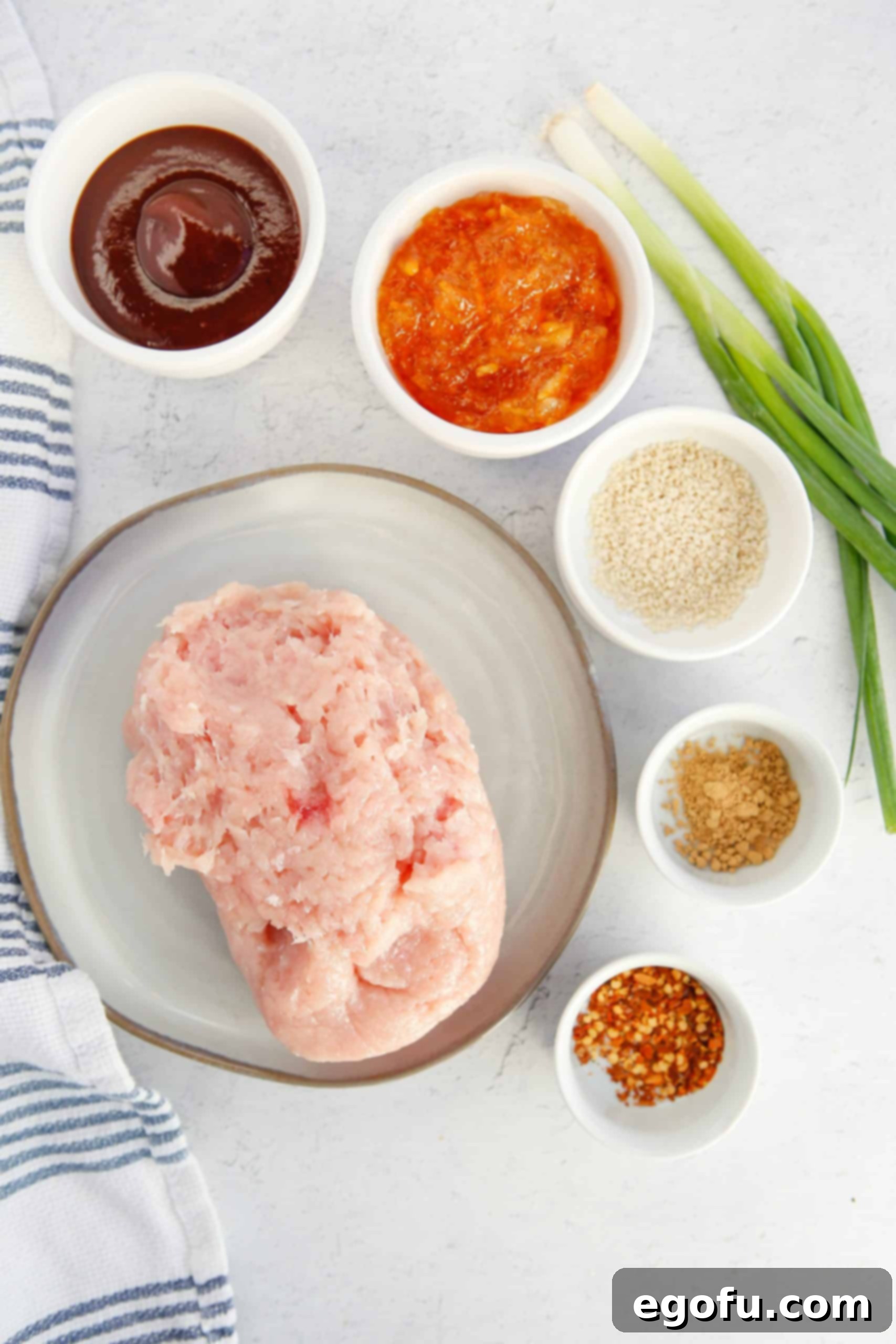 Skillet Orange Chicken Crumble 4 A simple yet appetizing arrangement of key ingredients for Ground Orange Chicken: ground chicken, orange marmalade, BBQ sauce, ground ginger, red chili pepper flakes, sesame seeds, and fresh green onions.