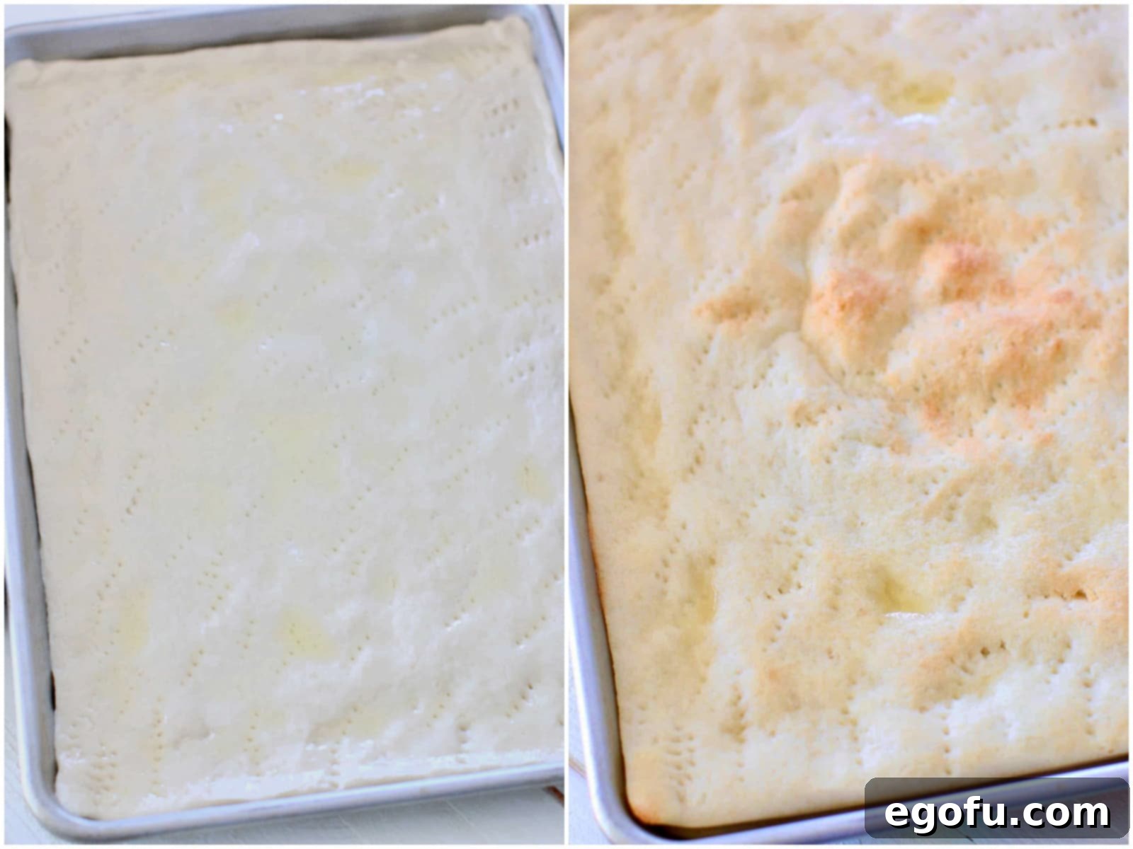 Morning Masterpiece Pizza 6 collage of two photos: pizza dough spread out on a rectangle baking sheet; partially baked pizza crust on a baking tray.