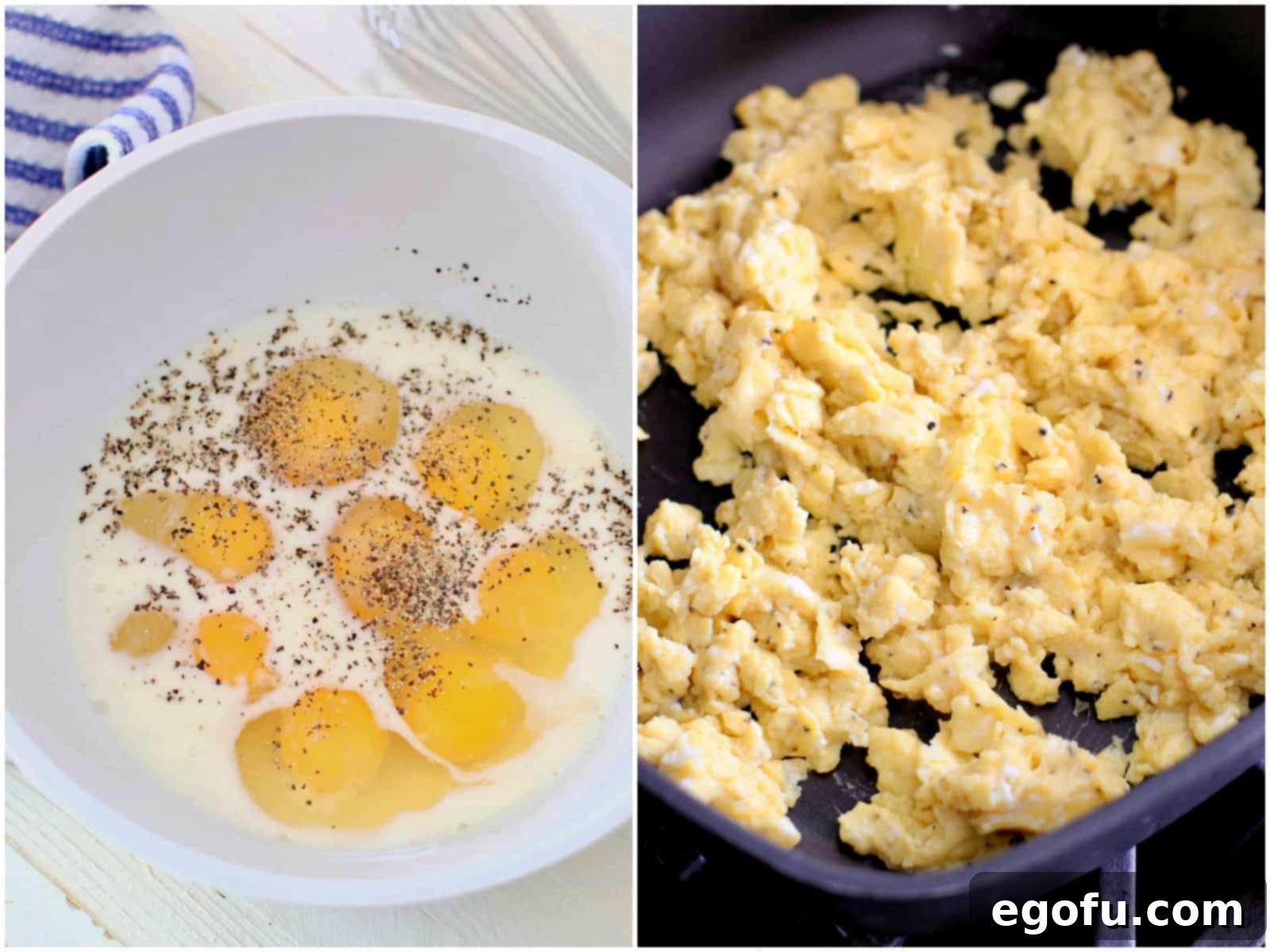 Morning Masterpiece Pizza 7 collage of two photos: eggs, milk, salt and pepper in a white bowl; scrambled eggs in a skillet.