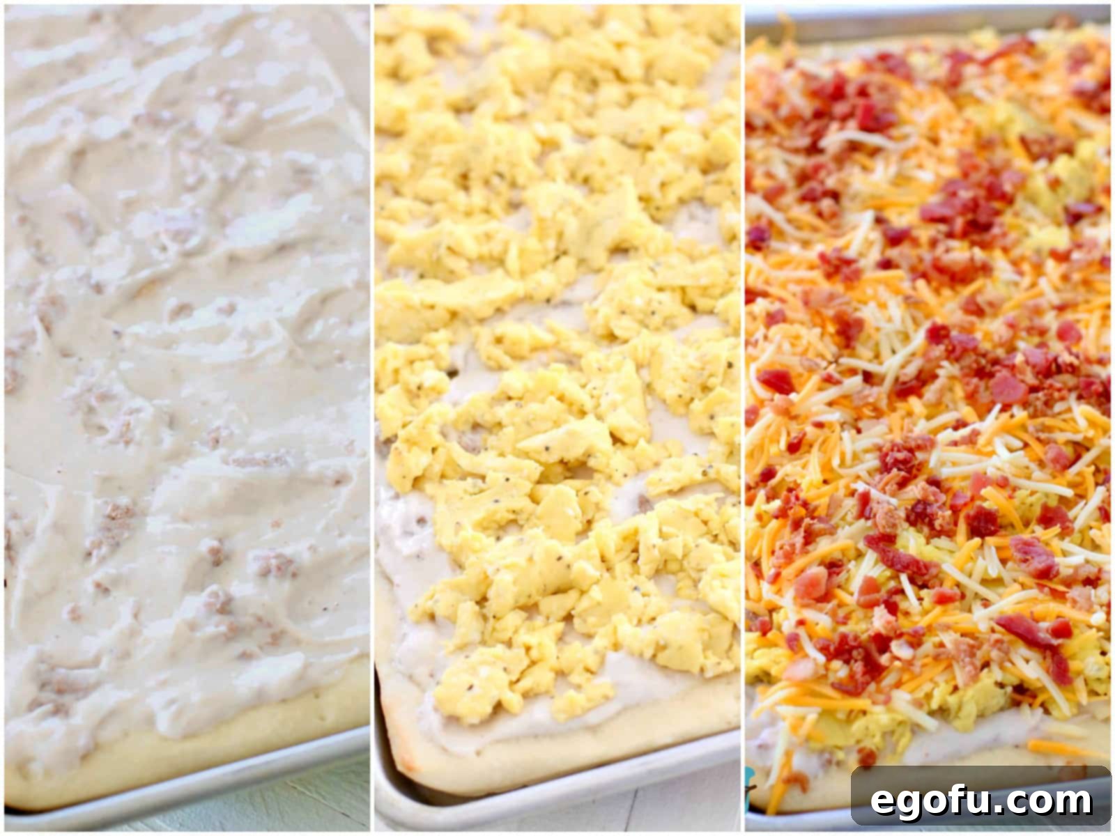 Morning Masterpiece Pizza 8 collage of three photos: sausage gravy spread onto pizza crust; scrambled eggs layered over gravy layer, bacon and cheese added on top of scrambled eggs.