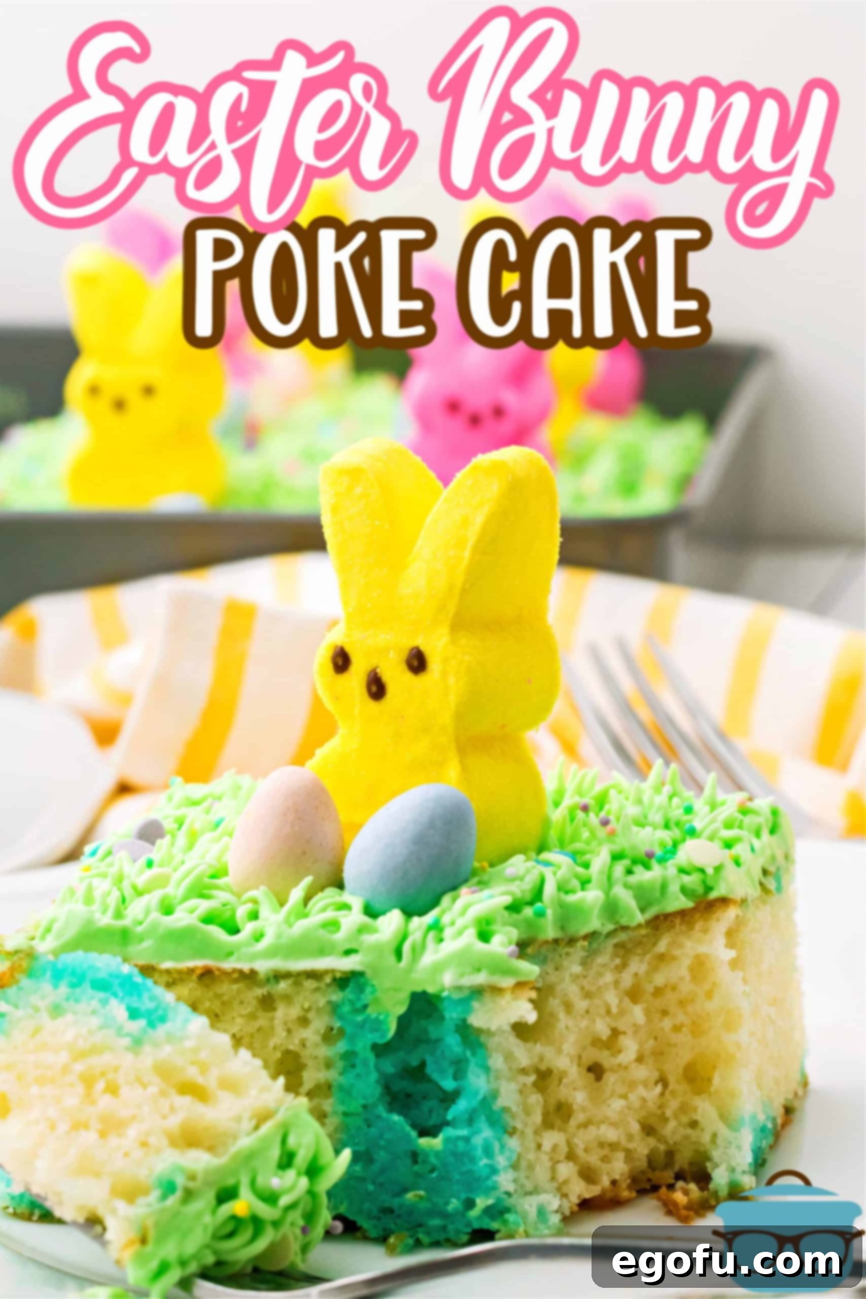 Easter Bunny Poke Cake Recipe on plate showing jello inside Pinterest image