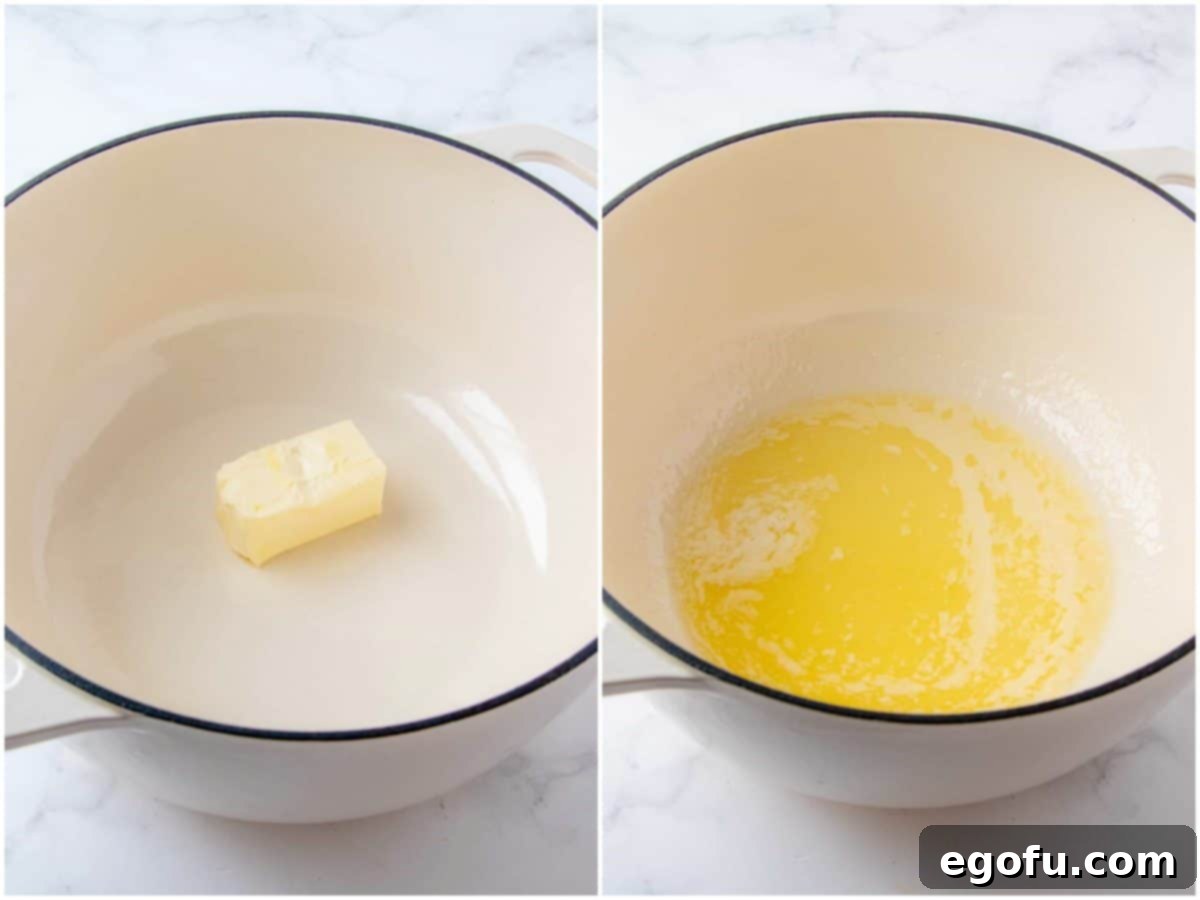 A collage of two photos: a stick of butter in a Dutch oven, and then fully melted butter in the same pot.