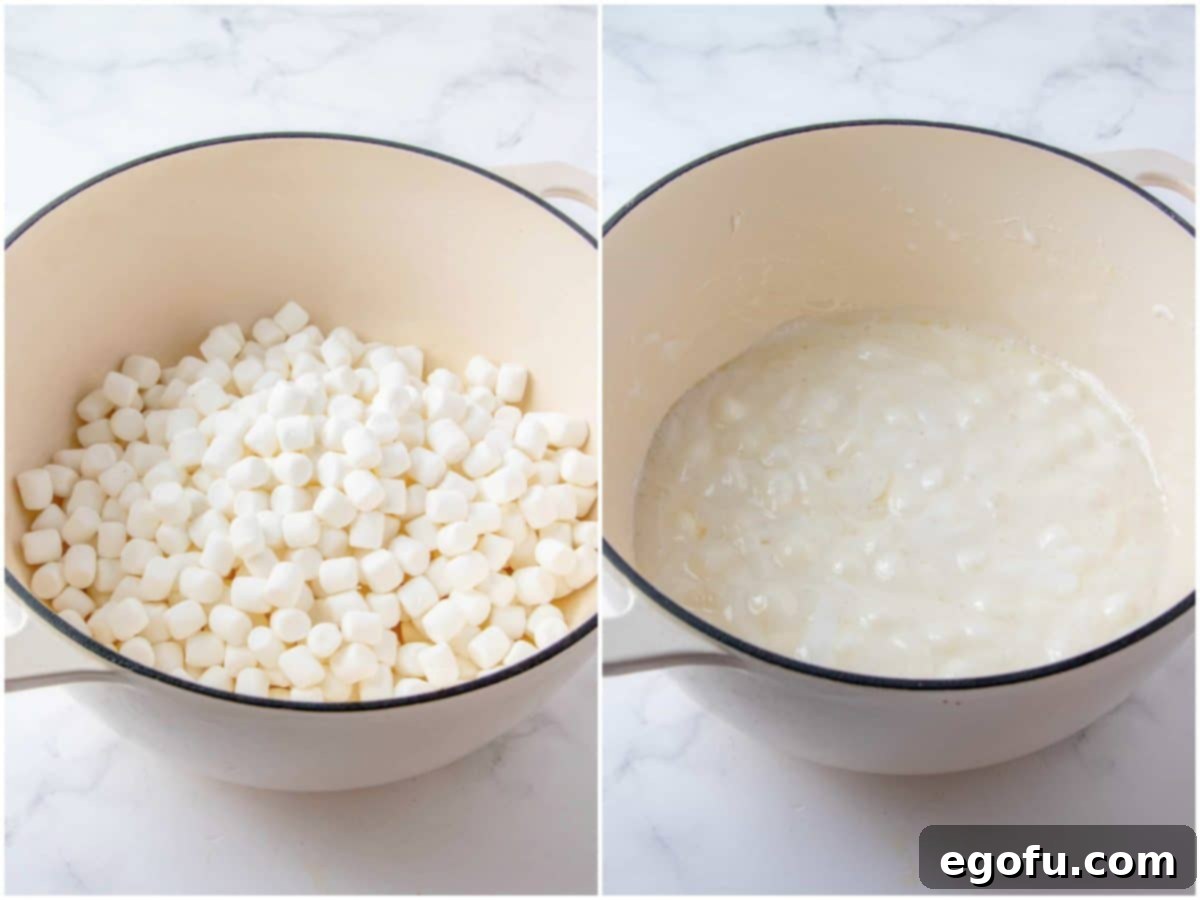 A collage of two photos: mini marshmallows being added to melted butter, and then partially melted marshmallows in the pot.