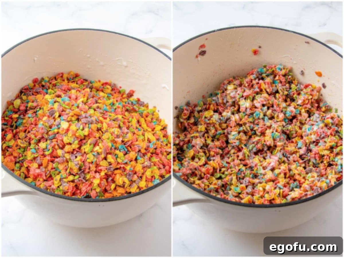 A collage of two photos: Fruity Pebbles cereal being poured into the marshmallow mixture, and then the cereal and marshmallow fully combined.