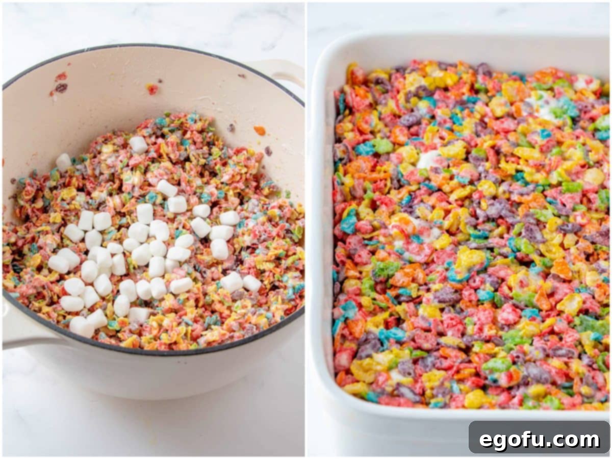 A collage of two photos: whole mini marshmallows added to the cereal mixture, and then the mixture pressed into a white baking dish.