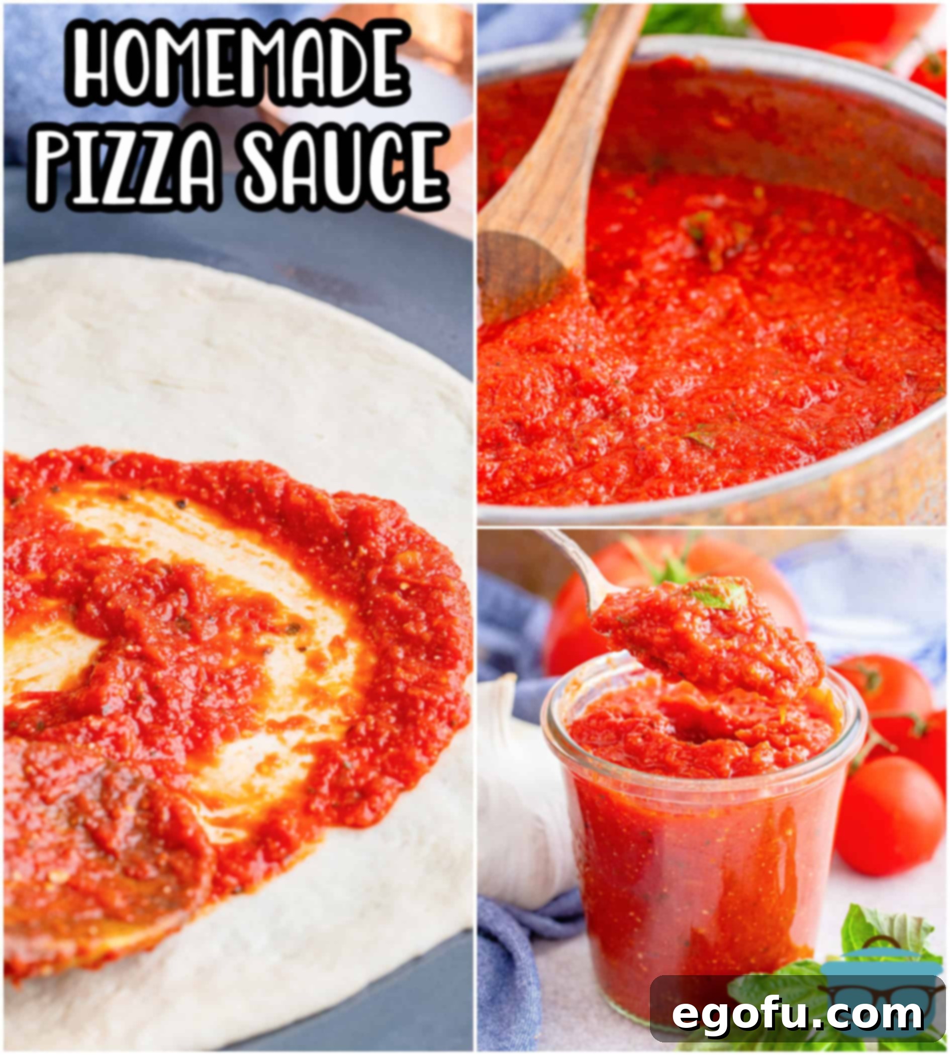 From Scratch Pizza Sauce Perfection 3 A vibrant collage image featuring various close-up shots of rich, red homemade pizza sauce, highlighting its texture and freshness.