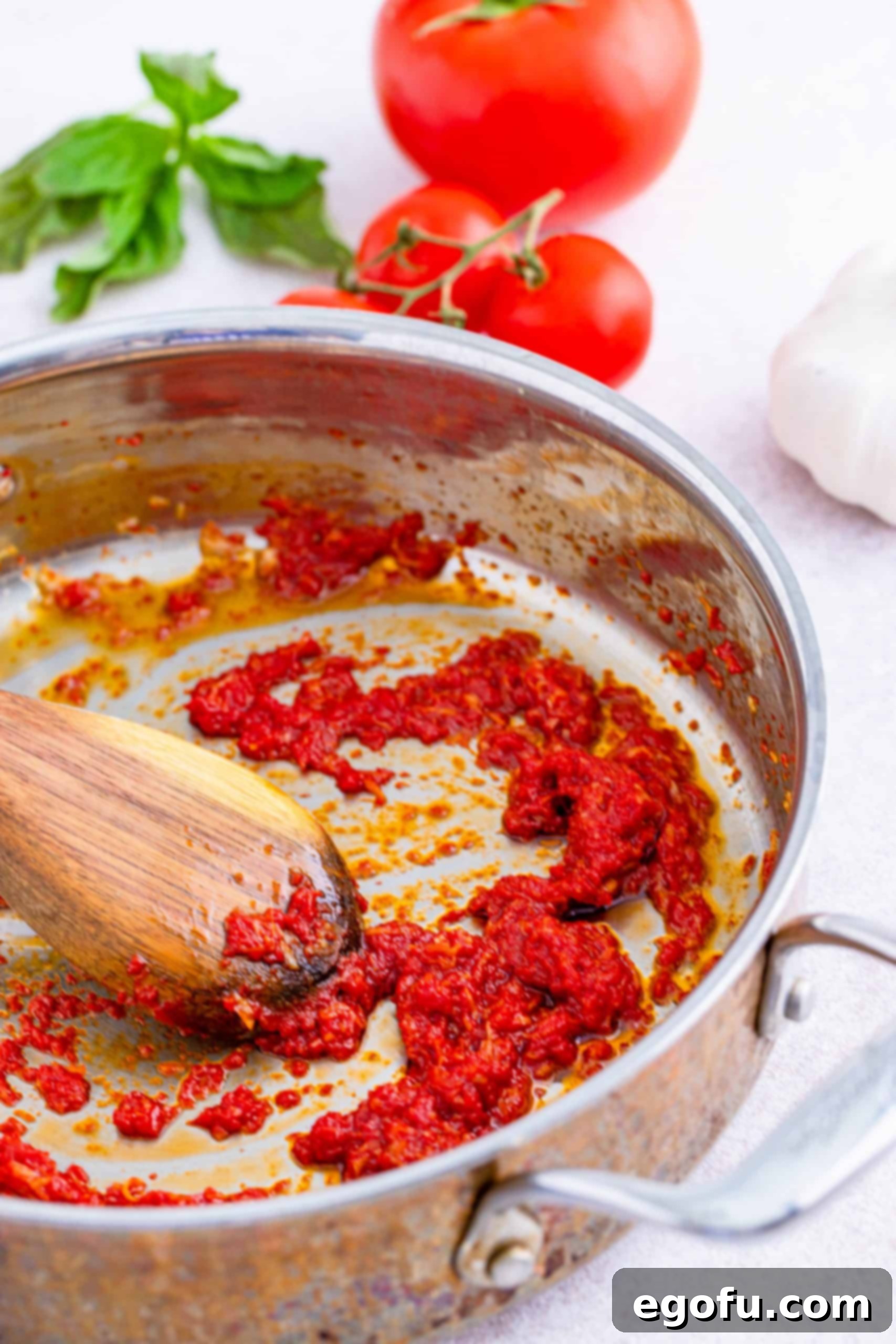 From Scratch Pizza Sauce Perfection 6 Vibrant crushed tomatoes and rich, red tomato paste being added to the skillet containing the fragrant garlic and olive oil, beginning the sauce base.
