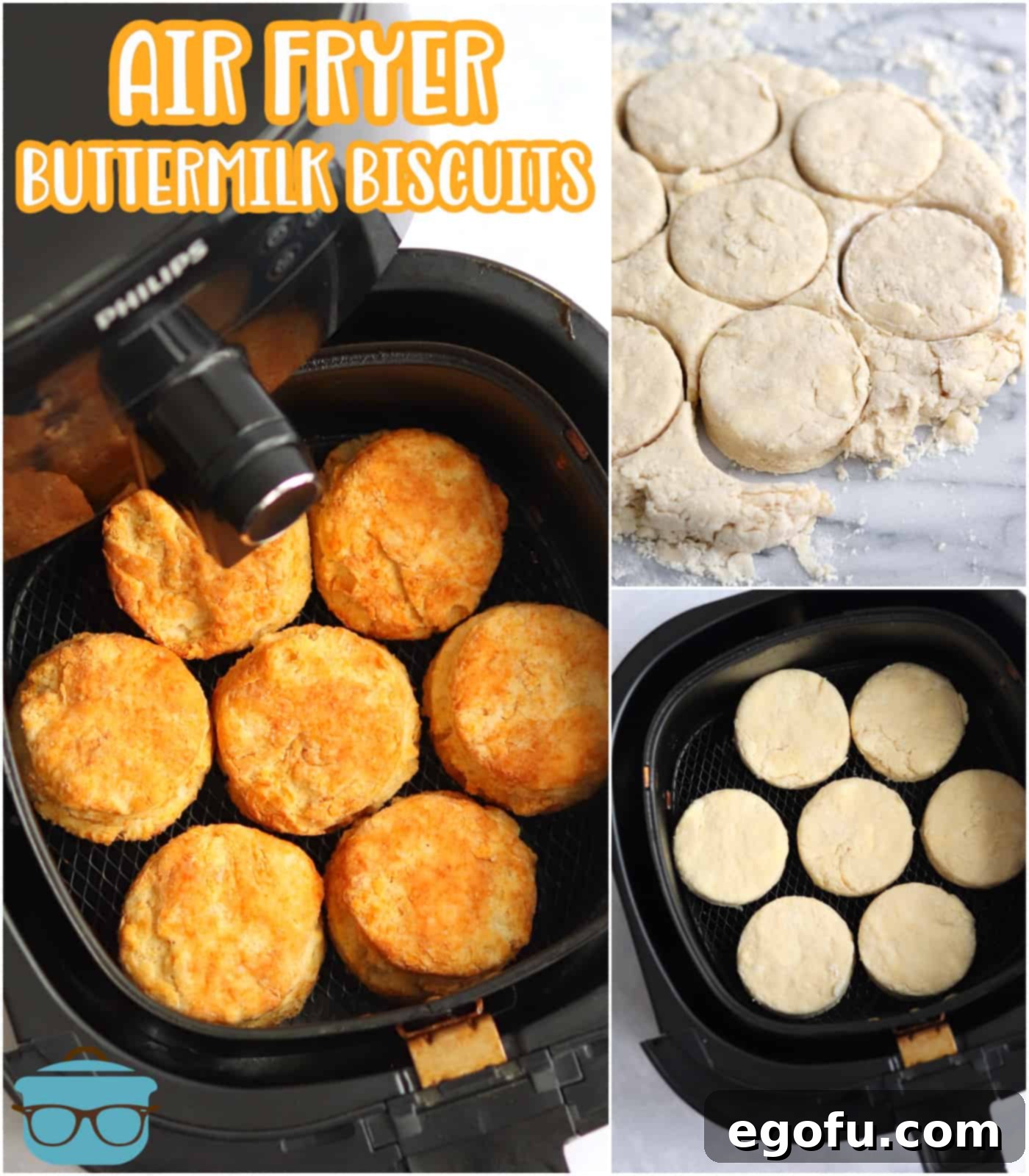 A visual collage showing the stages of making biscuits: dough being patted, biscuits being cut with a cutter, and air-fried biscuits displayed. 