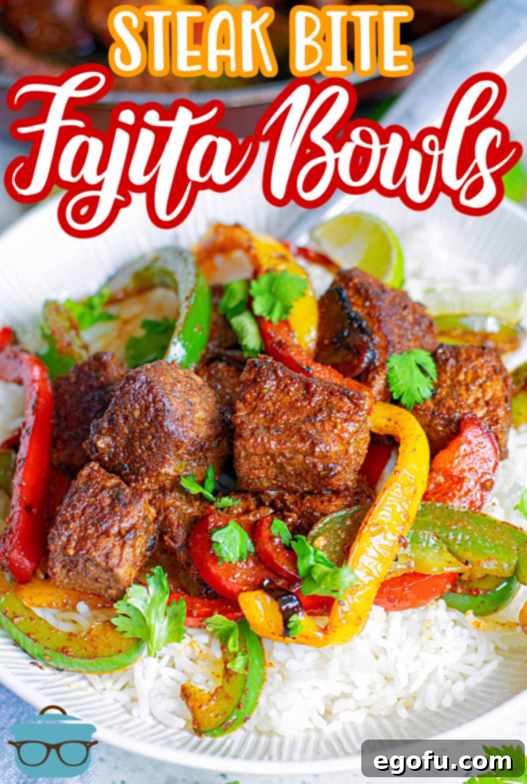 Close up of Steak Bite Fajita Bowl topped with chopped cilantro. 