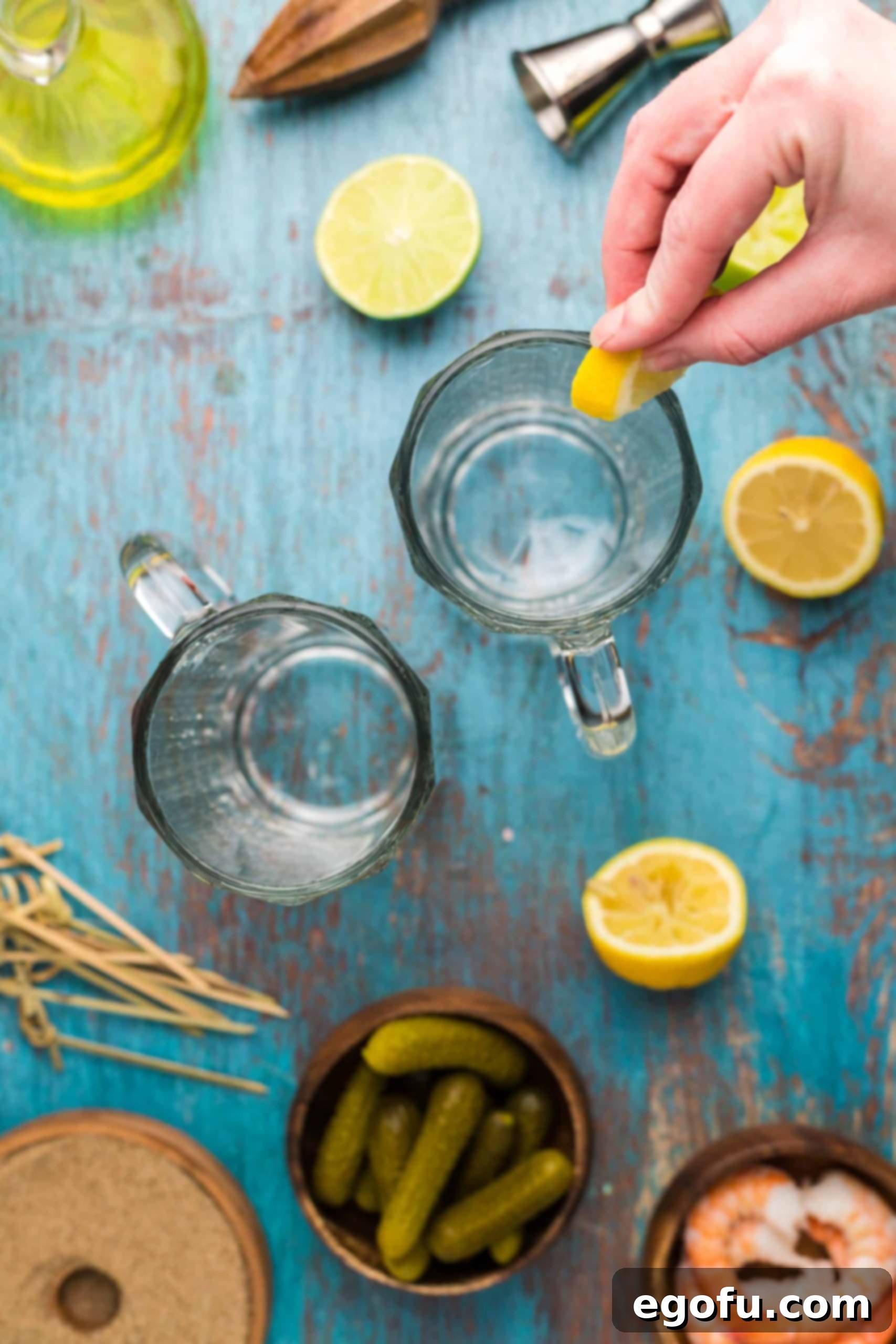 Signature Bloody Mary Blend 12 Lemon wetting tops of glasses.