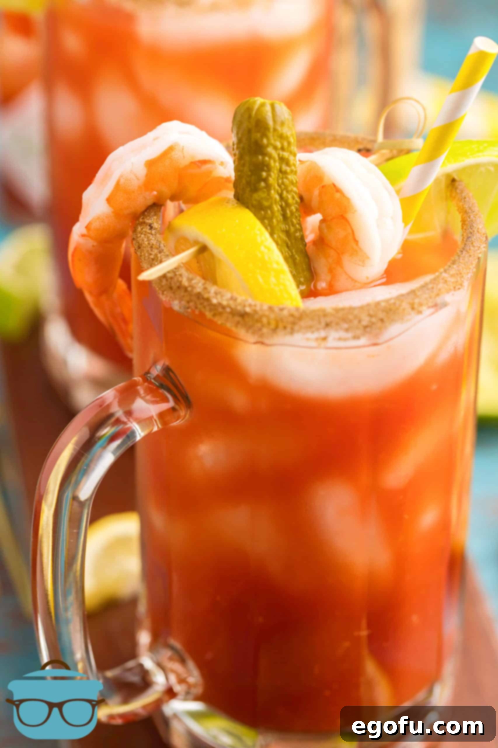 Signature Bloody Mary Blend 14 Close up of garnishes on Bloody Mary Mix in glass.