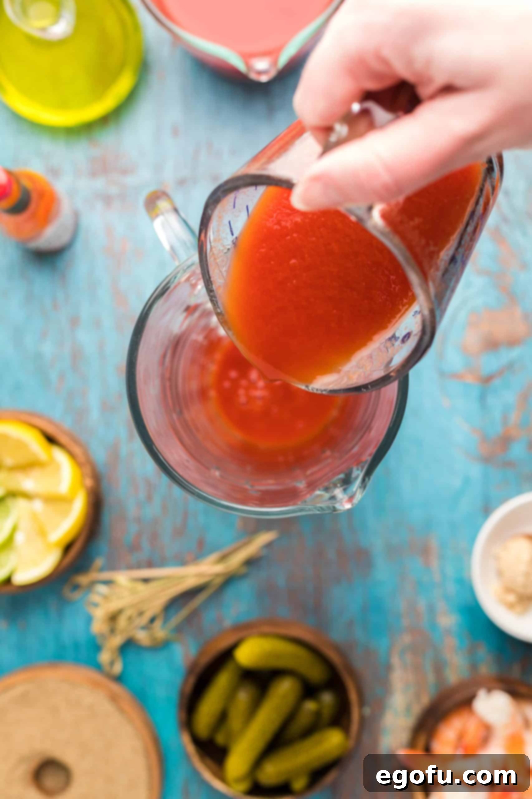 Signature Bloody Mary Blend 4 Tomato juice being poured into pitcher with Clamato juice.