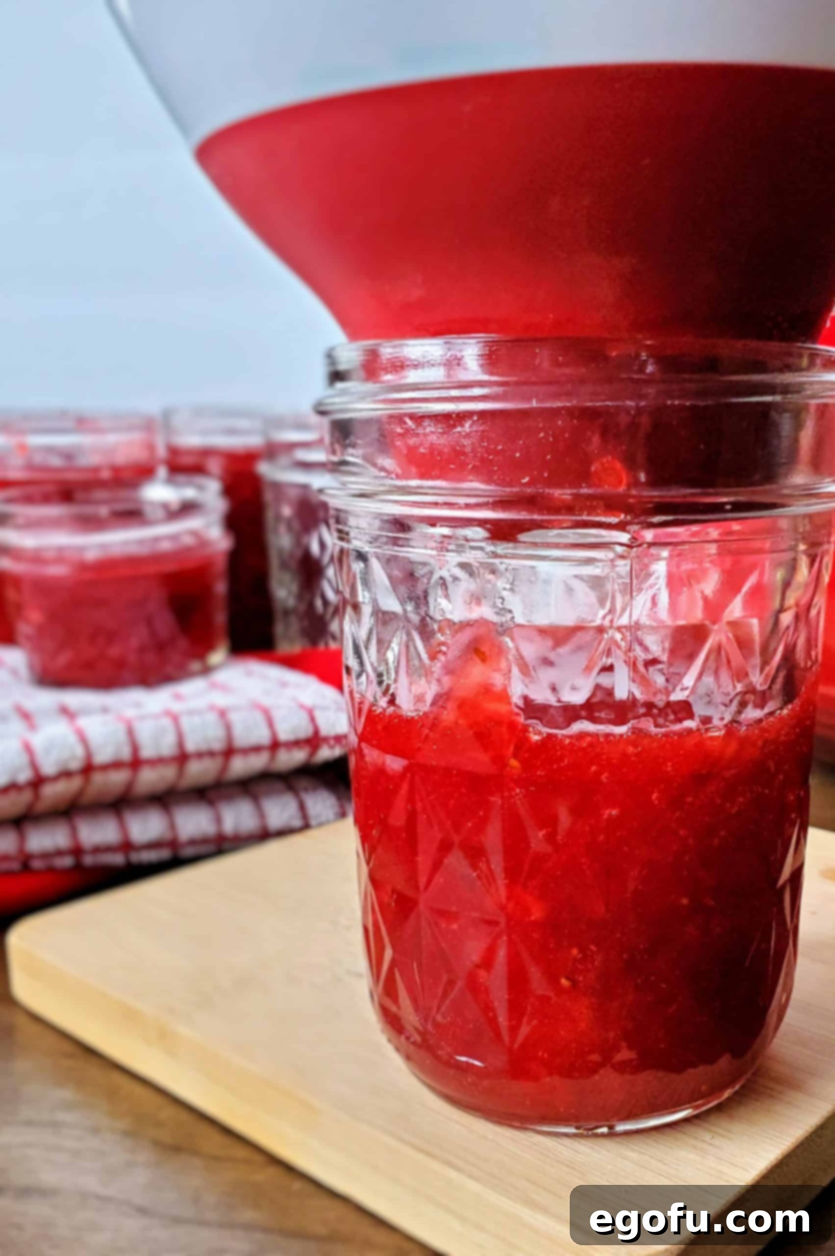 A stream of freshly made Strawberry Rhubarb Jam being carefully ladled from the saucepan into a glass canning jar, showing its thick and inviting texture.