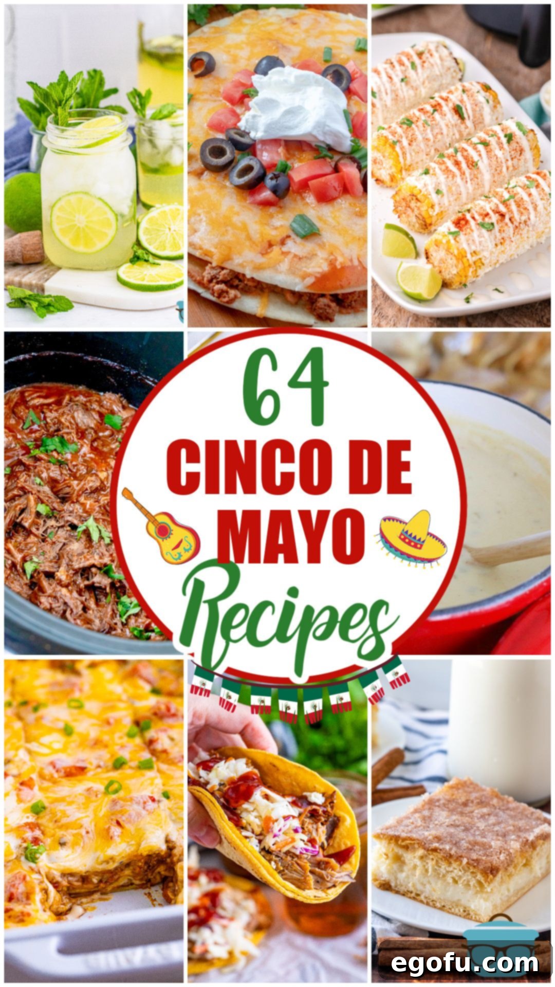 A festive collage of nine diverse Mexican-inspired recipes, featuring dishes like tacos, enchiladas, and margaritas, with text overlay reading "64 Cinco de Mayo recipes".
