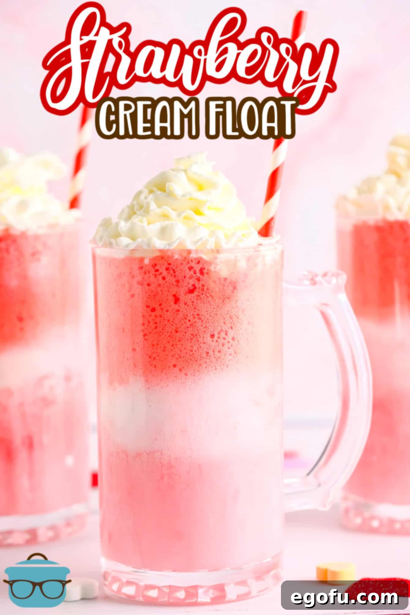 Three Strawberry Cream Floats topped with whipped cream Pinterest image.