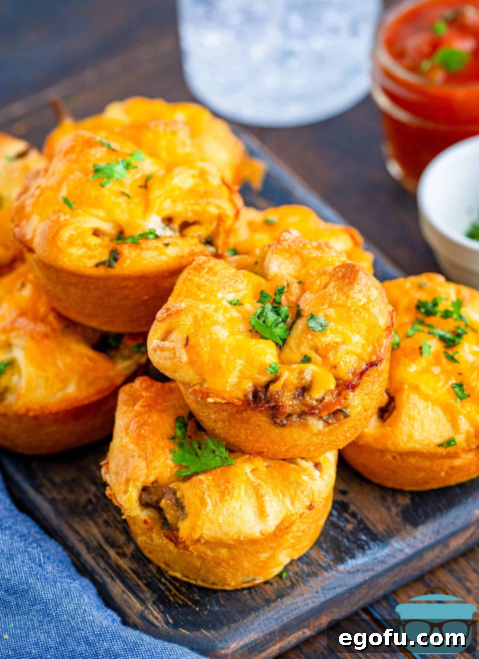 Overhead view of hot Taco Cups on wooden board topped with fresh cilantro, ready to be served.