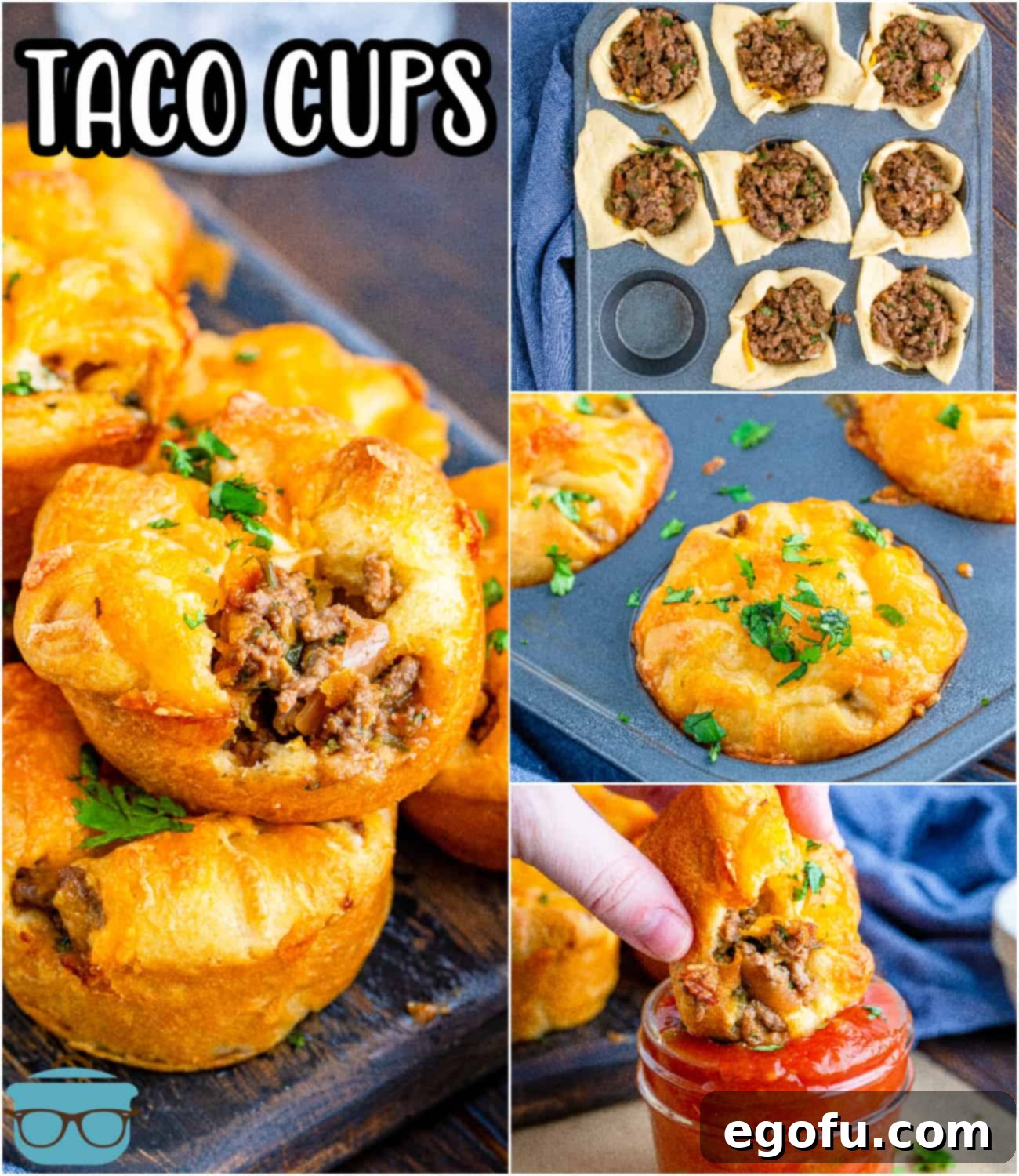 Collage image demonstrating various stages of making Crescent Taco Cups, from preparing the meat to placing dough in muffin tin.