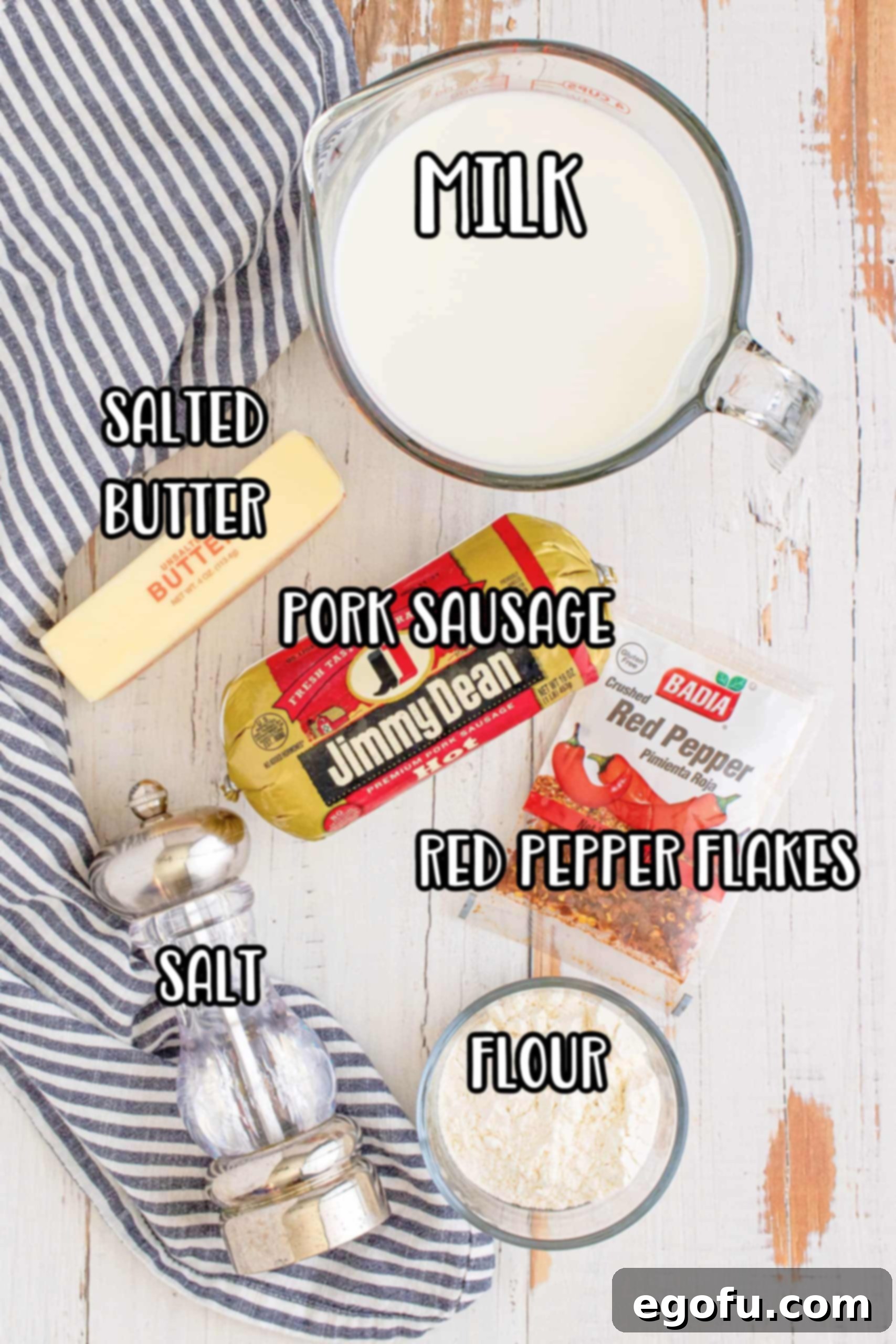 A collage showing essential ingredients for homemade sausage gravy: ground spicy pork sausage, unsalted butter, all-purpose flour, whole milk, black pepper, and red pepper flakes.