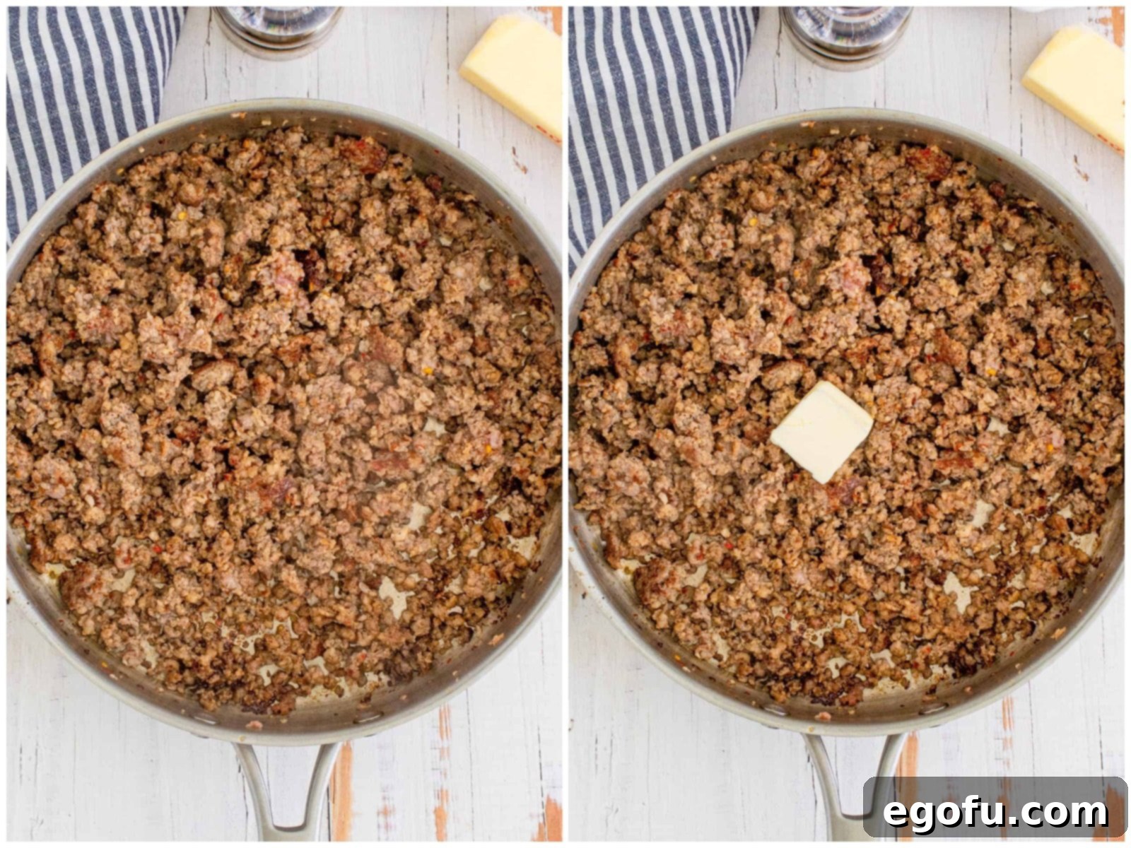 Cooked and crumbled pork sausage in a metal skillet, ready for the next step of gravy making.