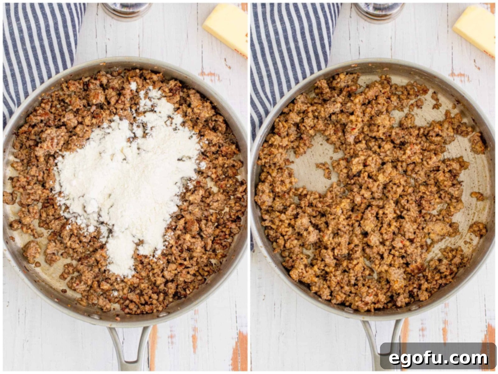 Flour sprinkled over the cooked sausage and butter mixture in a skillet, before stirring.