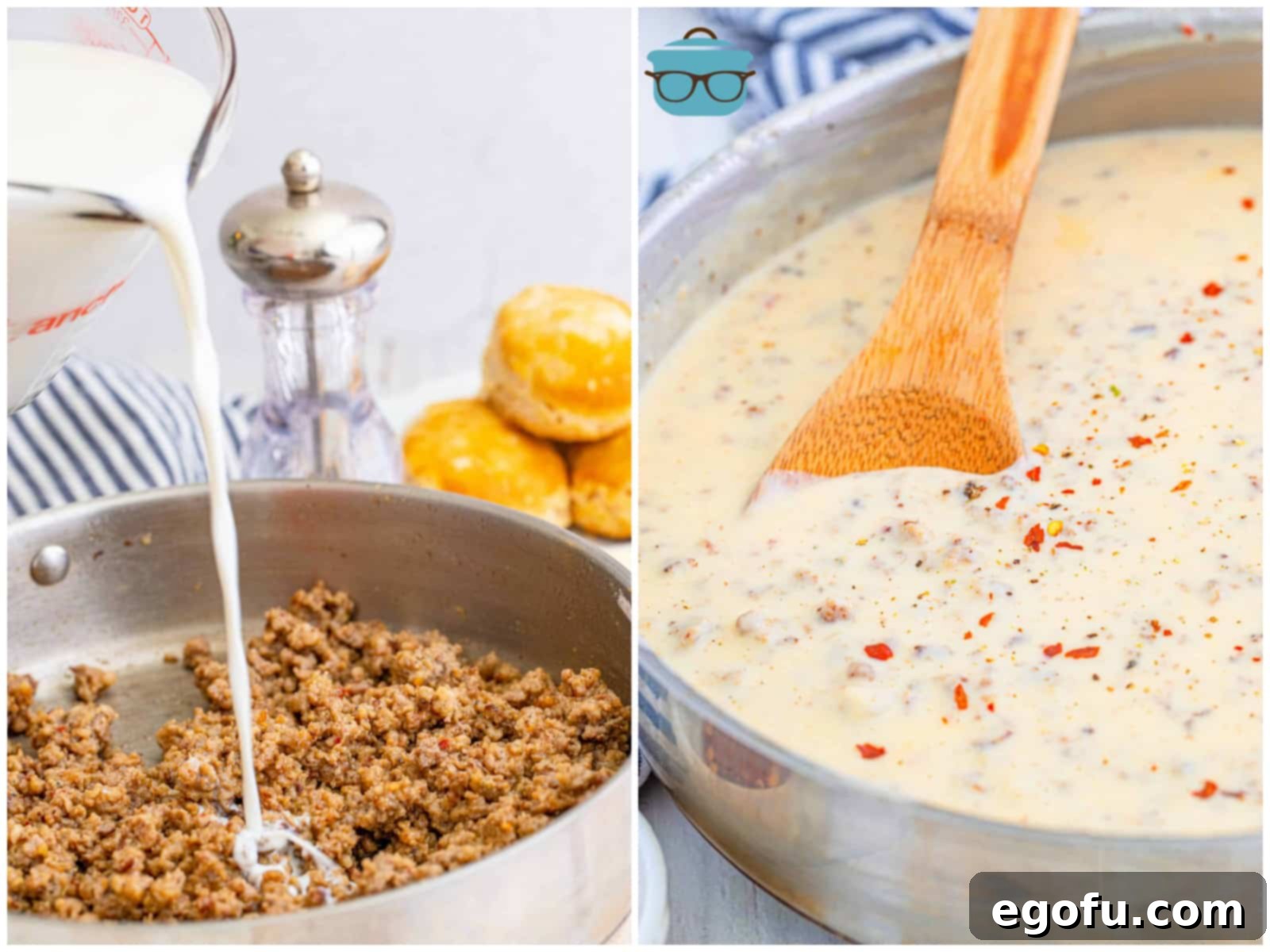 Whole milk being slowly poured into the skillet with the sausage roux, while stirring.