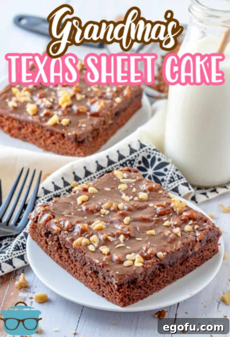 Two slices of Grandma's Texas Sheet Cake on white plates with side of milk Pinterest image.