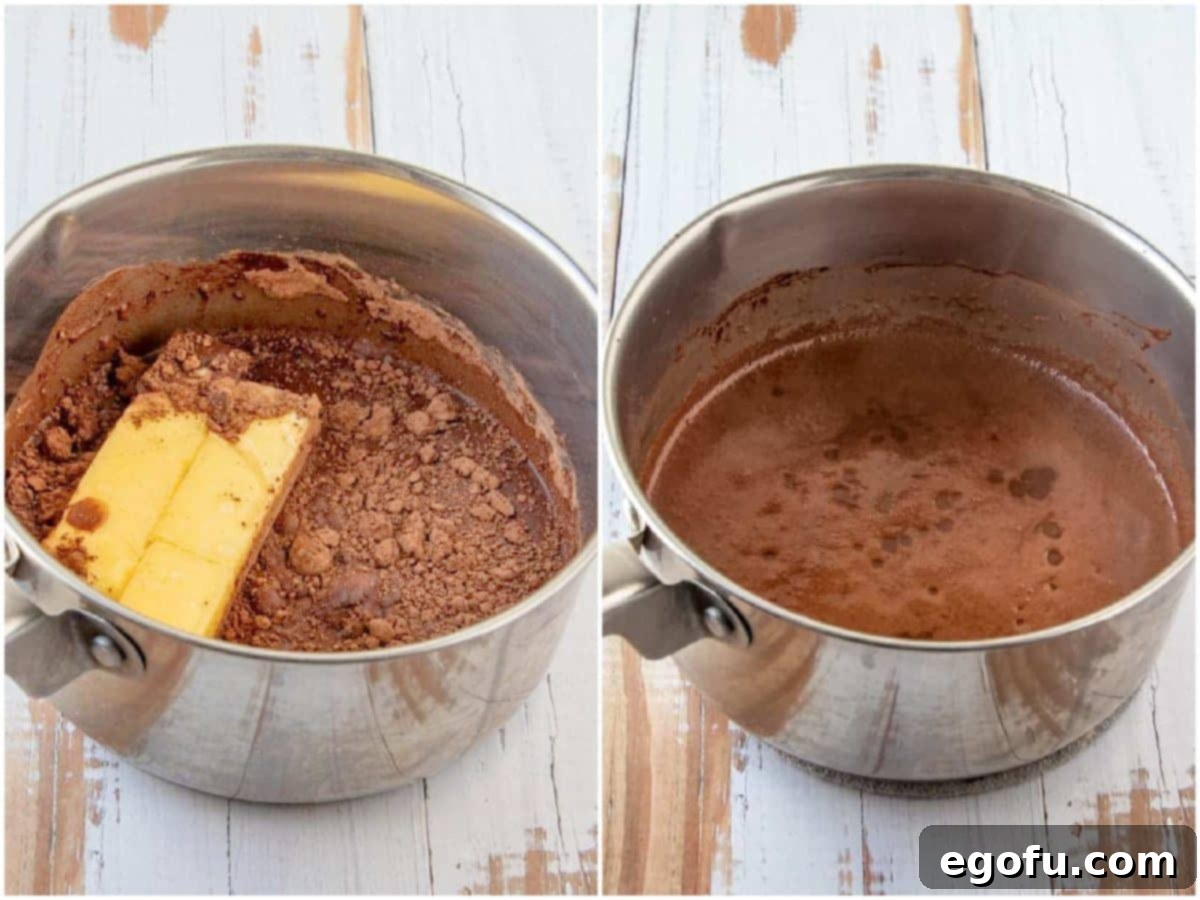 college of two photos: Margarine, water and cocoa powder added to metal sauce pan; shown after butter is melted in pot. 
