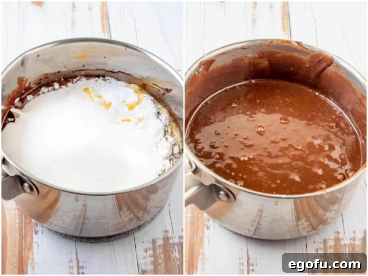 collage of two photos: flour, eggs and baking soda added to pot; mixture shown stirred together. 
