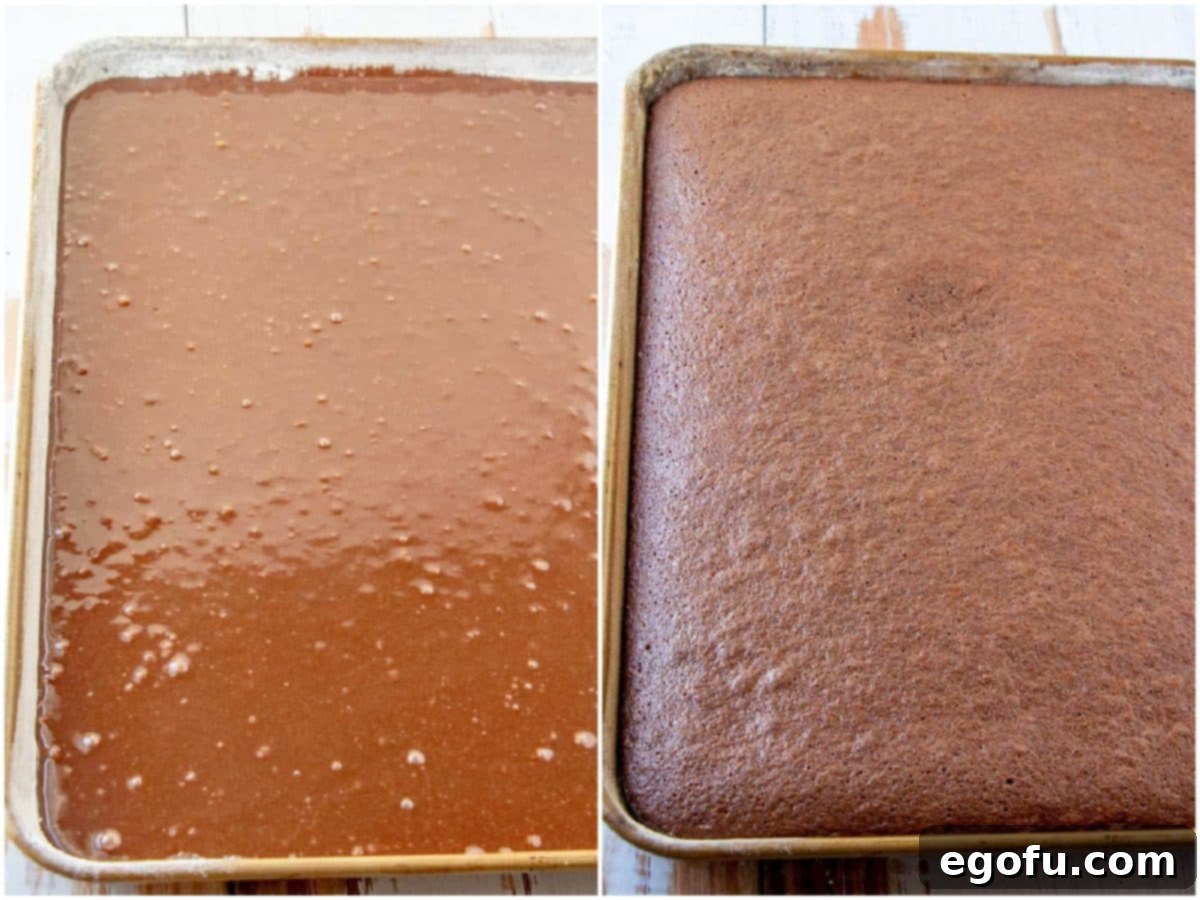 collage of two photos: chocolate cake batter poured into a baking sheet; cake shown after fully baked in baking sheet. 
