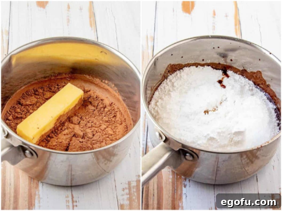 collage of two photos: margarine, milk and cocoa powder in a sauce pan; powdered sugar and vanilla added to sauce pan.