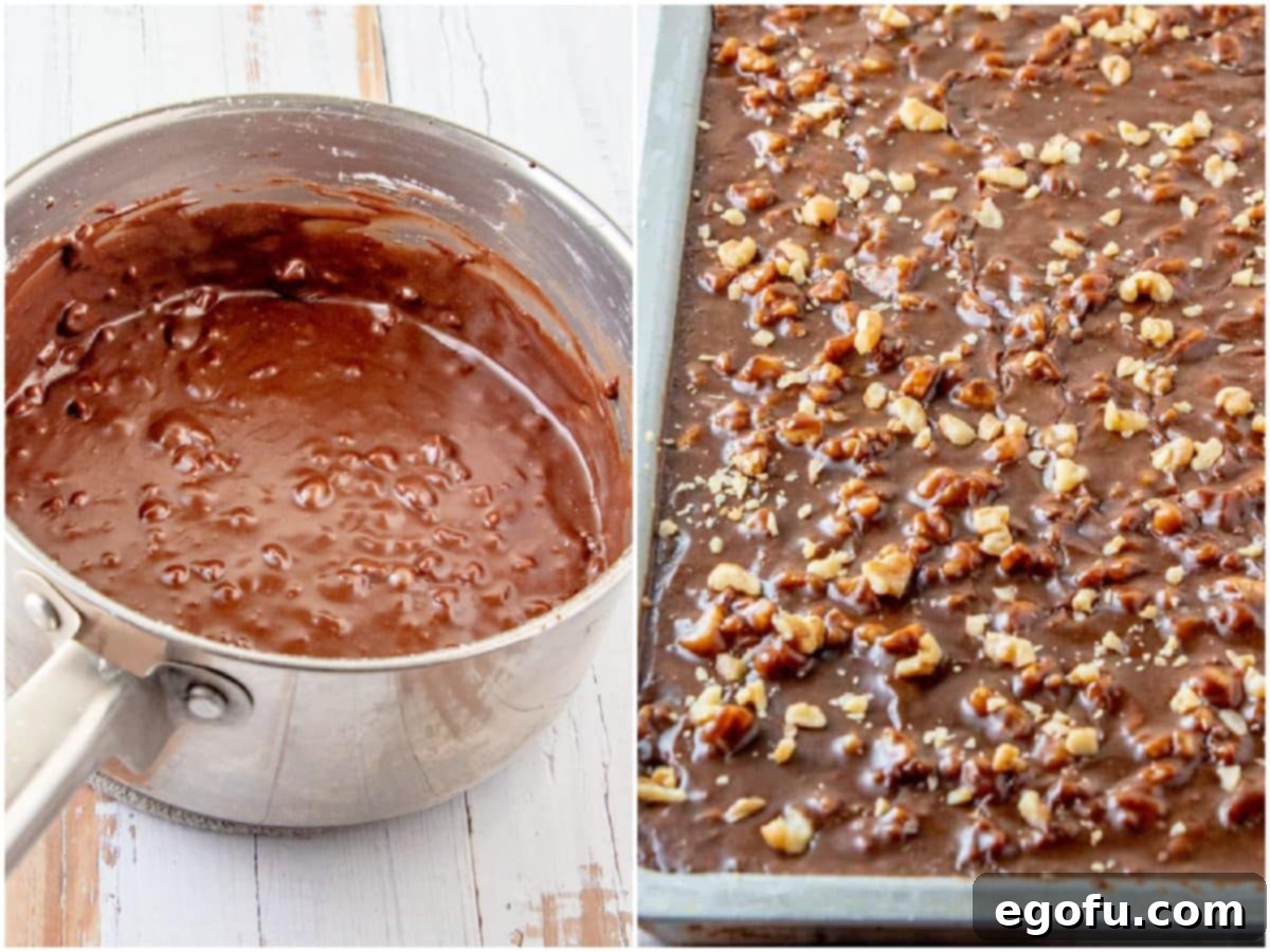 collage of two photos: walnuts added to frosting in sauce pan; frosting poured over cooled chocolate cake. 