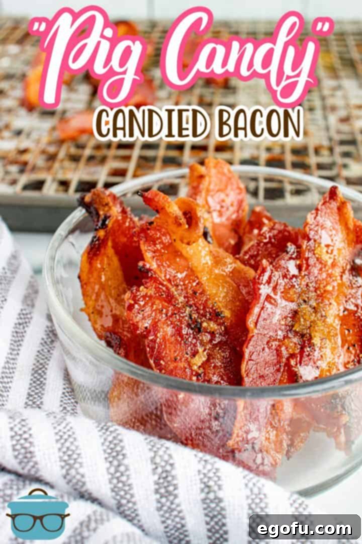 Pinterest image of Pig Candy in clear bowl with baking sheet behind it.