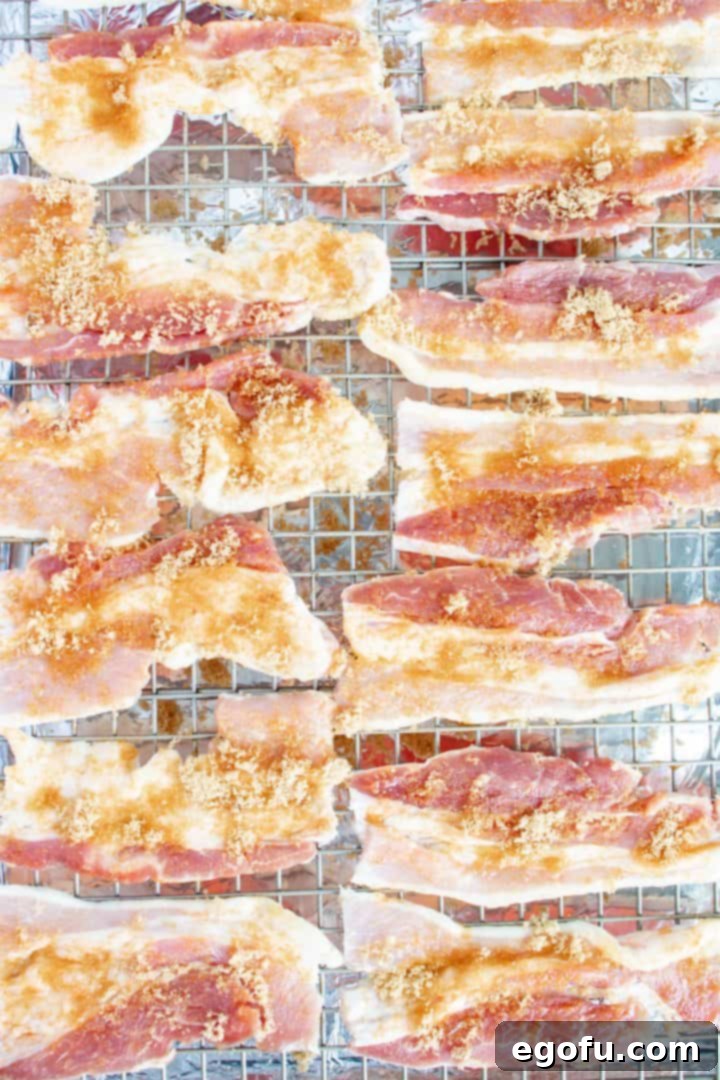 Cut bacon on wire rack over baking sheet sprinkled with brown sugar and pepper.