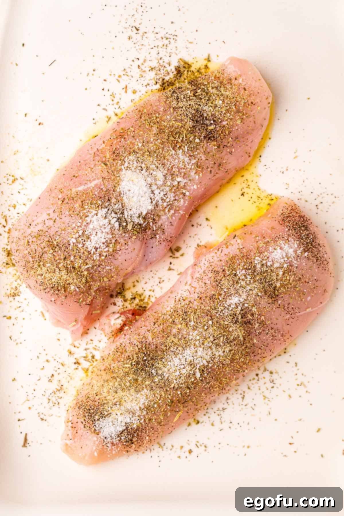 Two boneless, skinless chicken breasts on a cutting board, thoroughly coated with olive oil and a blend of seasonings.