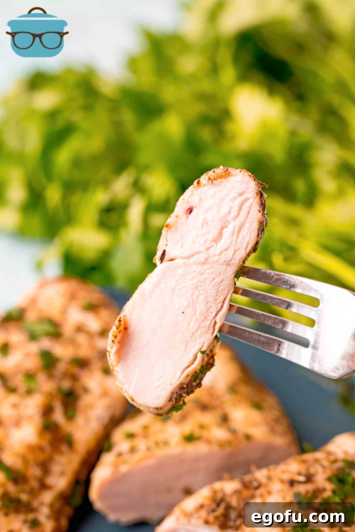 A fork lifting a succulent slice of Air Fryer Chicken Breast, highlighting its tender texture and delicious readiness for consumption.