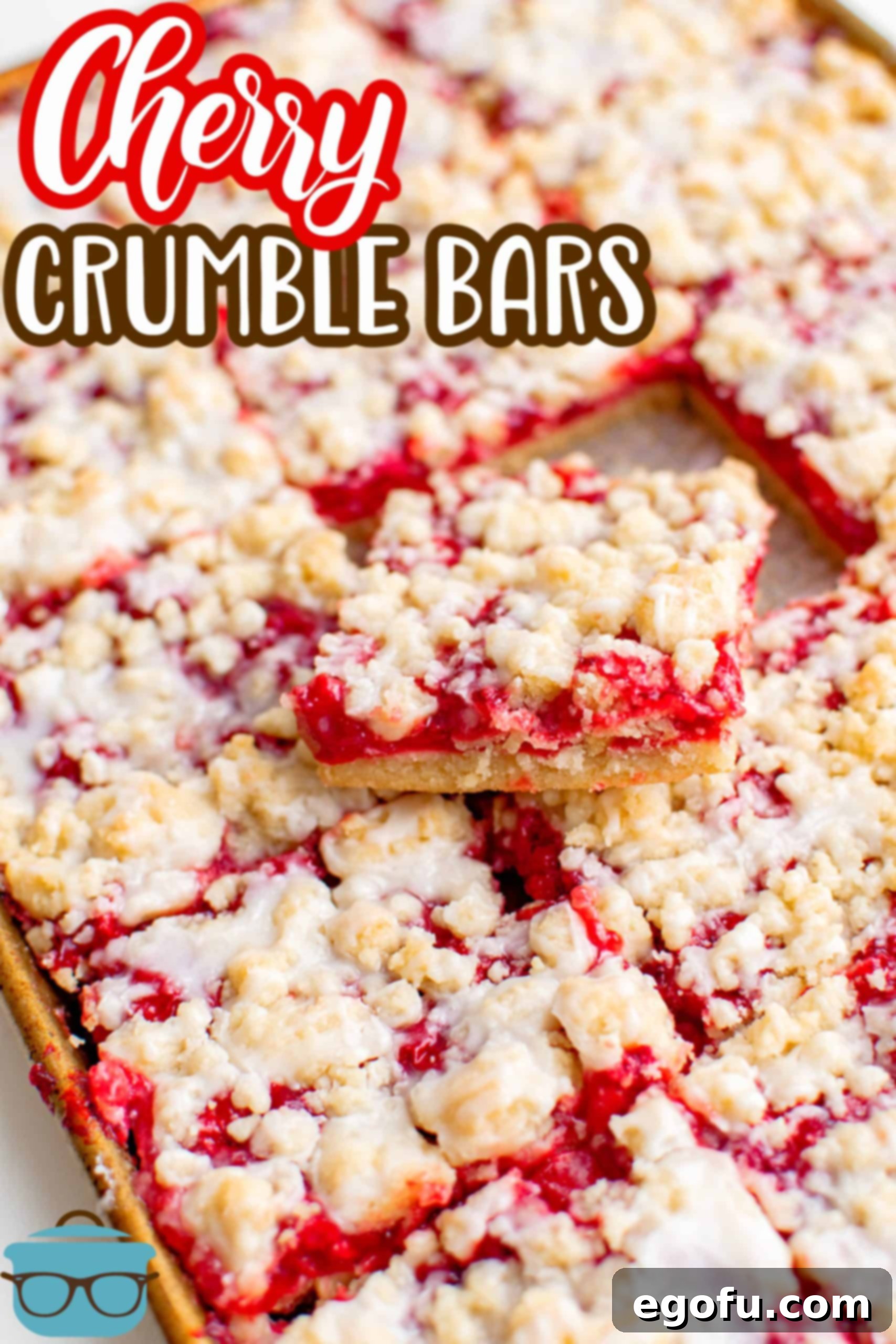 Golden Cherry Crumble Bars 3 Cherry Crumble Bars cut up in pan with one bar sticking out the top stacked Pinterest image.