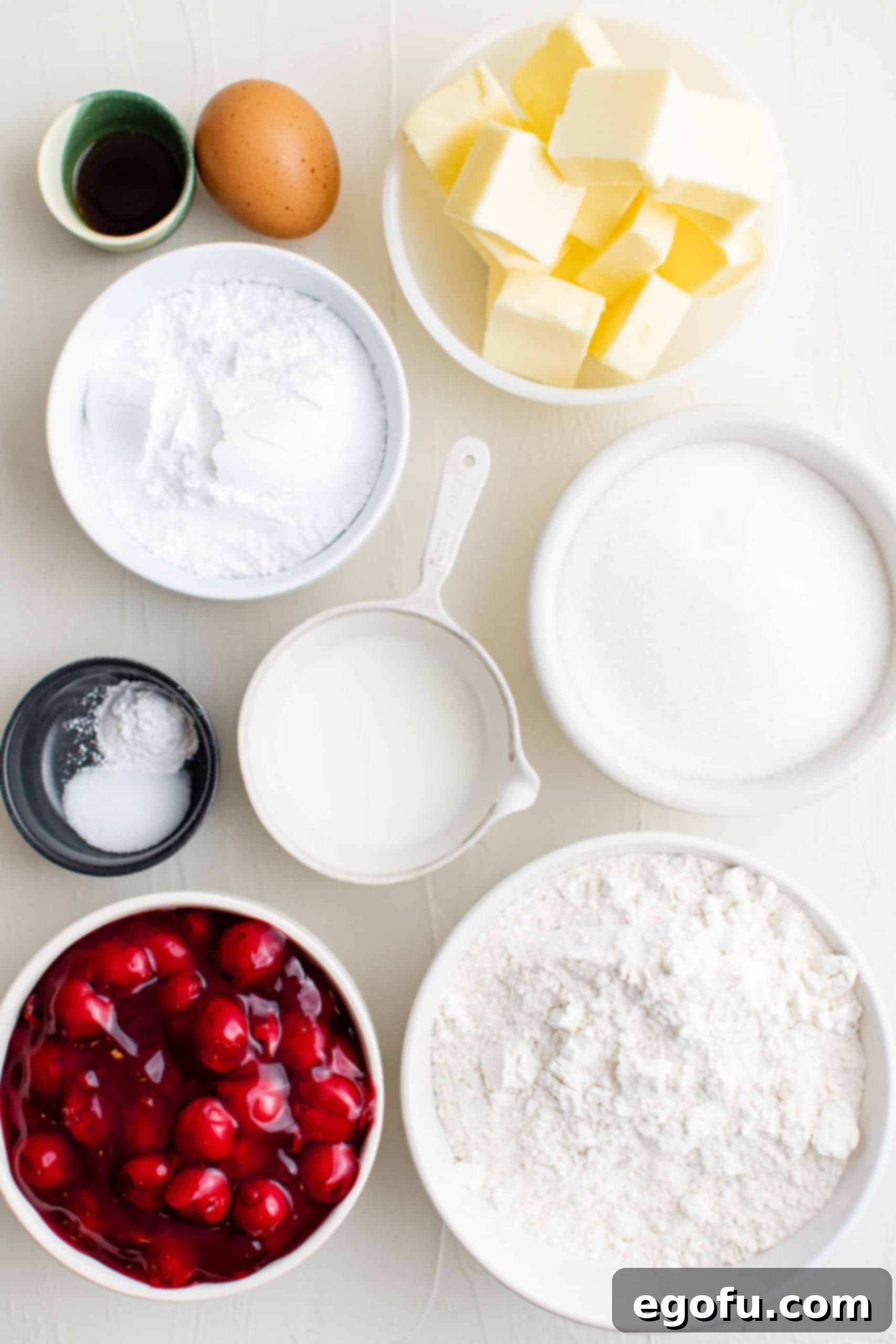 Golden Cherry Crumble Bars 4 Ingredients needed: all-purpose flour, granulated sugar, baking powder, salt, butter, egg , vanilla extract, cherry pie filling, powdered sugar and milk.