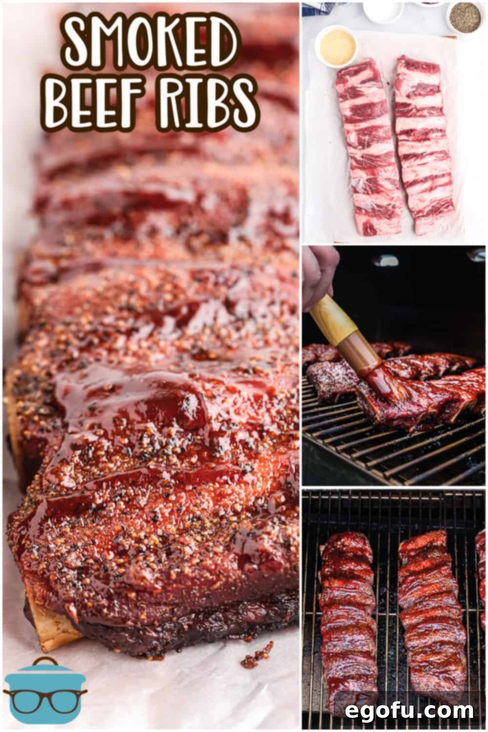 Slow-Smoked Beef Ribs 3 Smoked Beef Ribs recipe from The Country Cook, collage photo showing the rib smoking process and a final photo of the completed cooked ribs.