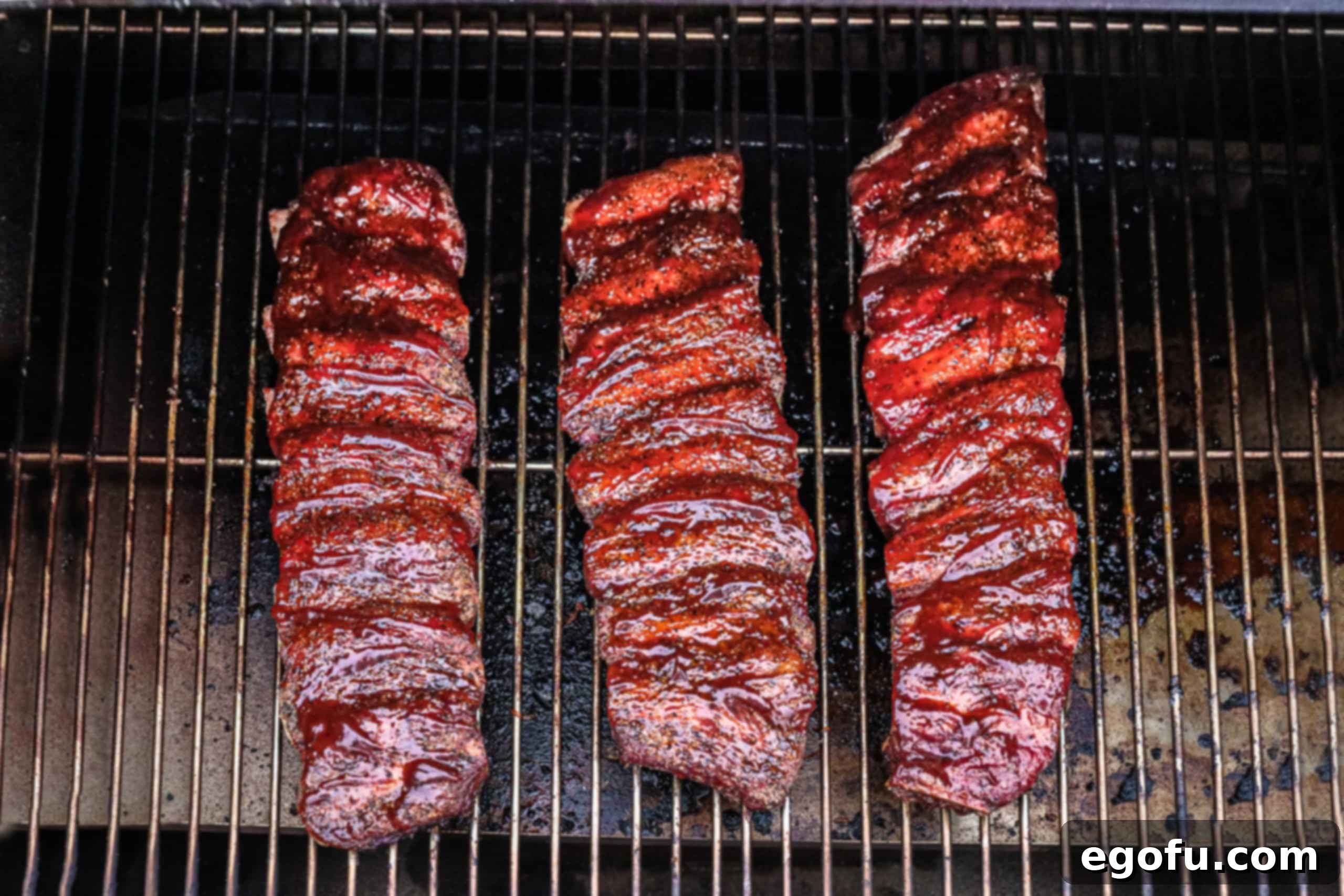 Slow-Smoked Beef Ribs 8 Finished ribs overhead photo on smoker.