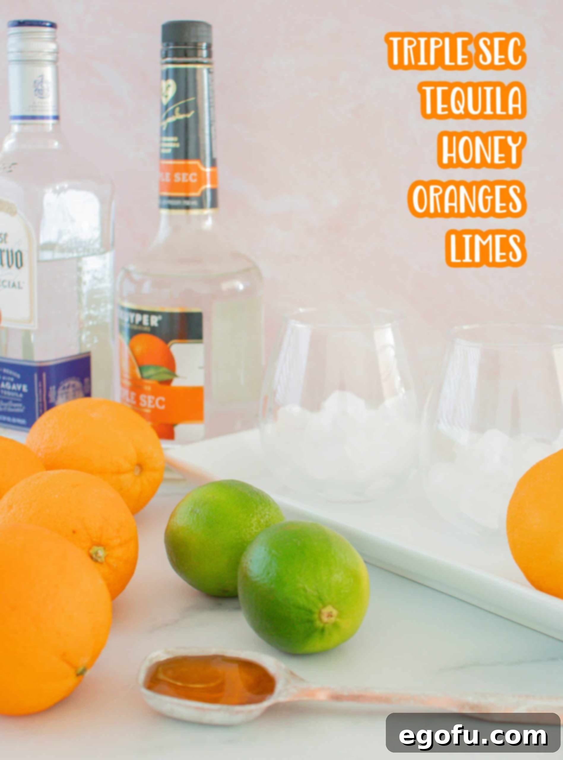 Ingredients needed: orange juice, lime juice, triple sec, tequila and honey.