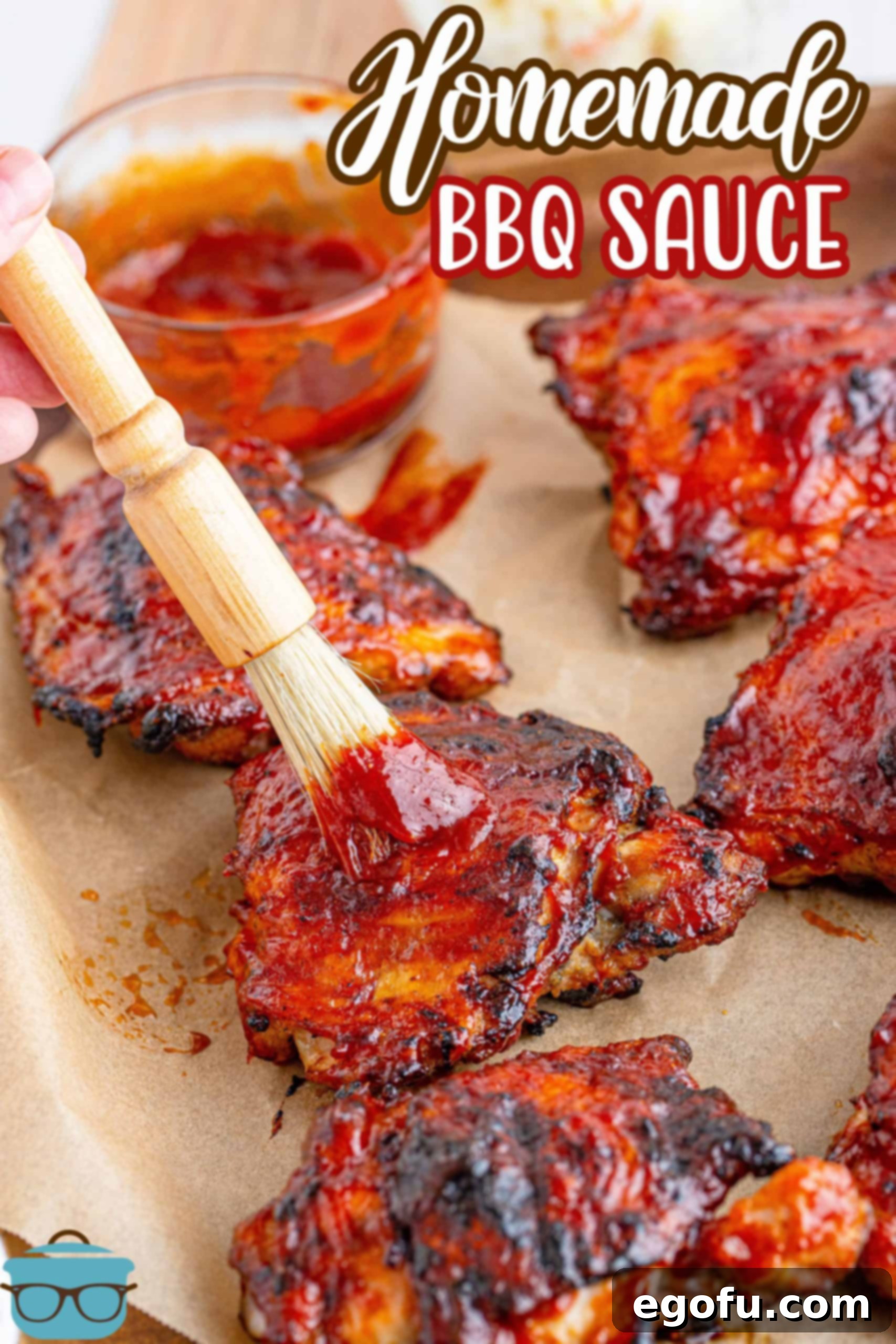 Homemade BBQ Sauce basting chicken on pan Pinterest image