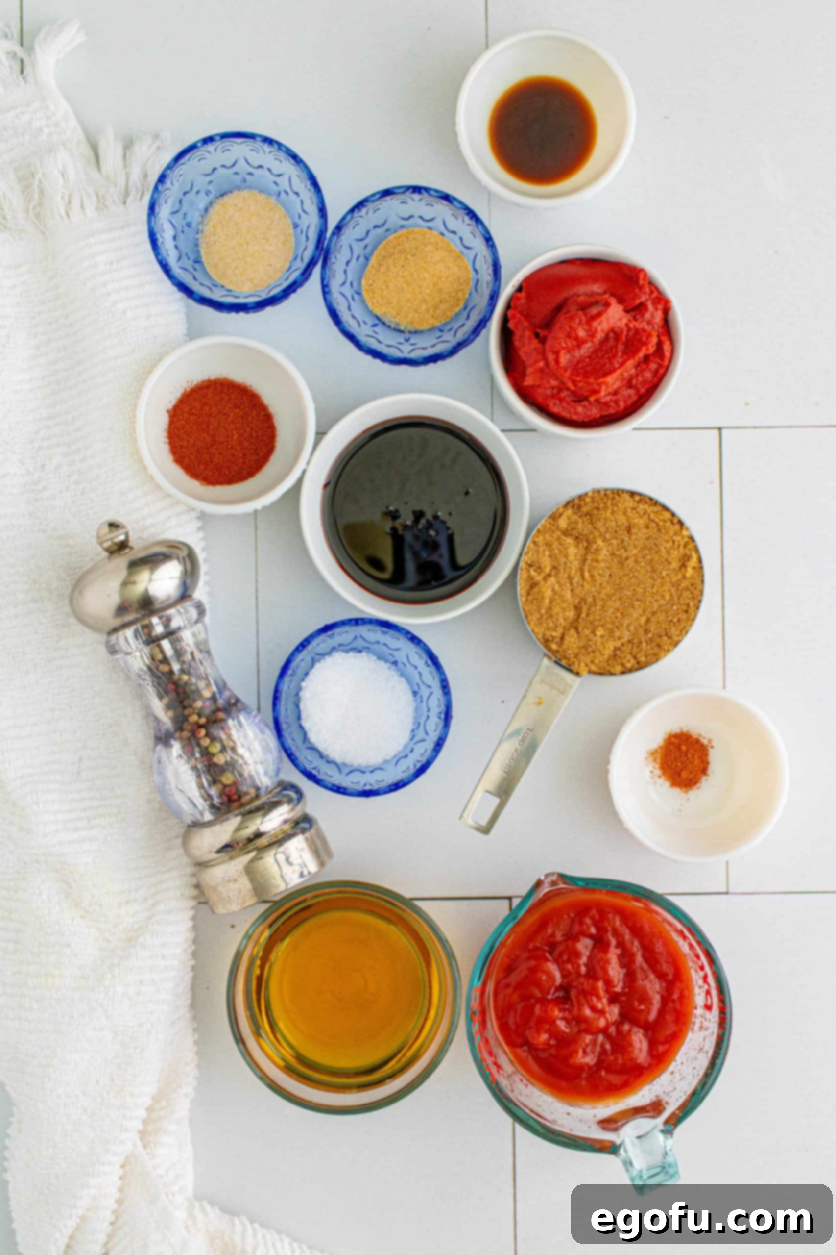 Ingredients needed: ketchup, brown sugar, tomato paste, apple cider vinegar, molasses, Worcestershire sauce, smoked paprika, garlic powder, onion powder, salt, pepper and cayenne