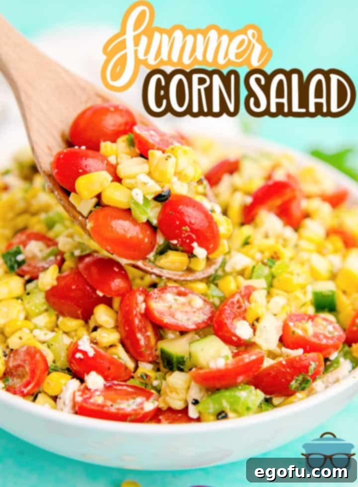 Wooden spoon scooping up some Summer Corn Salad from bowl Pinterest image