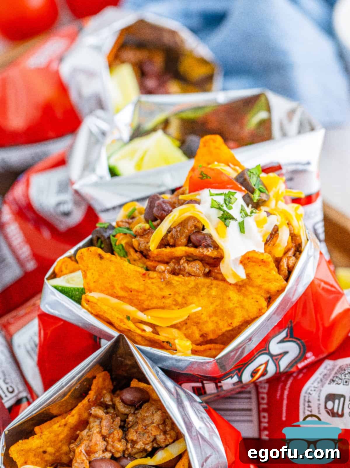 Overhead photo of Doritos Walking Tacos in bag, ready to be eaten.