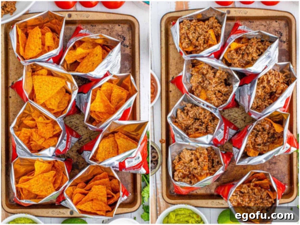 Collage of two photos: Opened small bags of Doritos on a tray; taco ground beef added to each Doritos bag.
