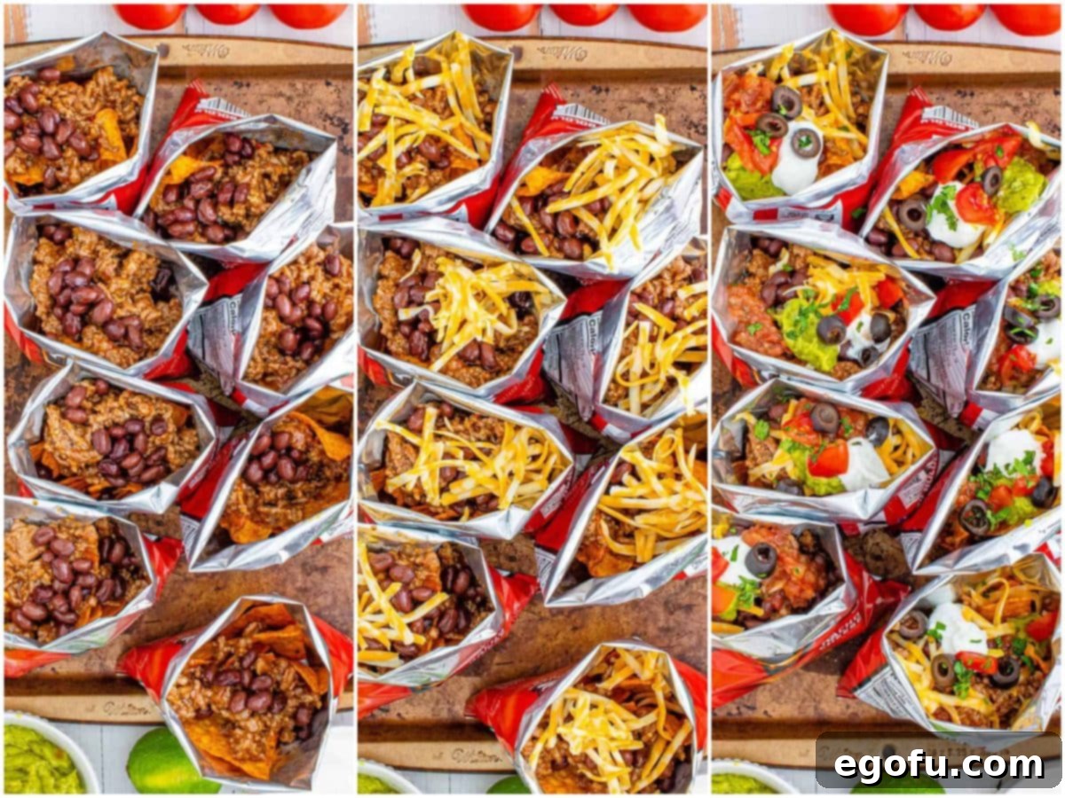 Collage of three photos: black beans added as a layer to the Doritos bags, shredded cheese added on top of bean layer; sour cream and diced tomatoes added on top of cheese layer.