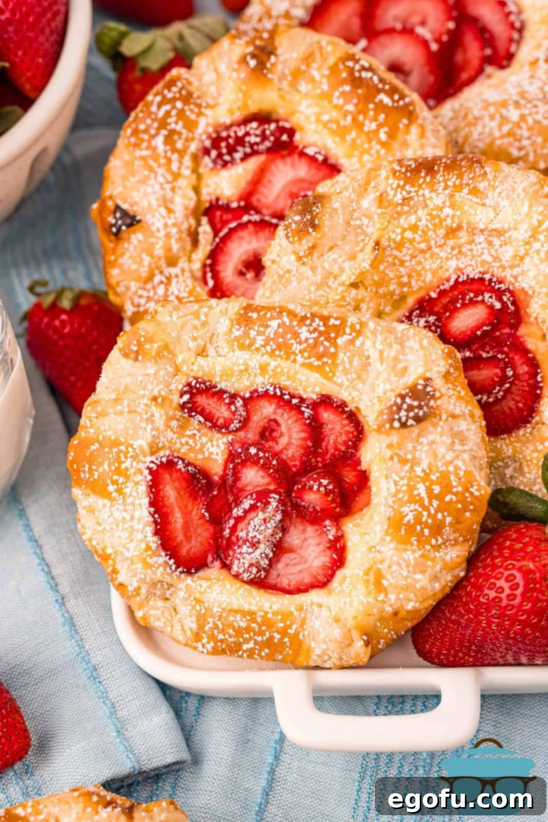 Close up of beautifully layered Strawberry Cheese Danishes on a white platter, showcasing the golden pastry, creamy cheese, and bright red strawberries.