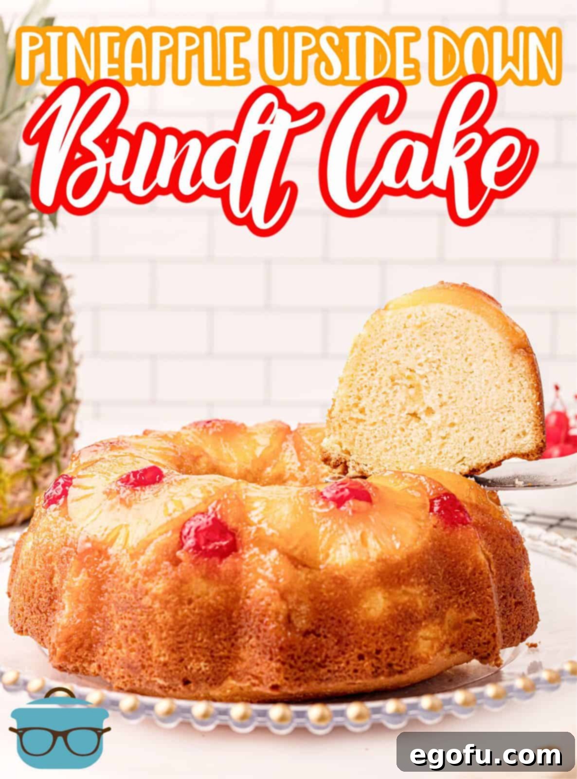 Sunshine Pineapple Bundt Cake 3 Close-up view of a freshly baked Pineapple Upside Down Bundt Cake on a cooling rack, showing the golden caramel and fruit topping.